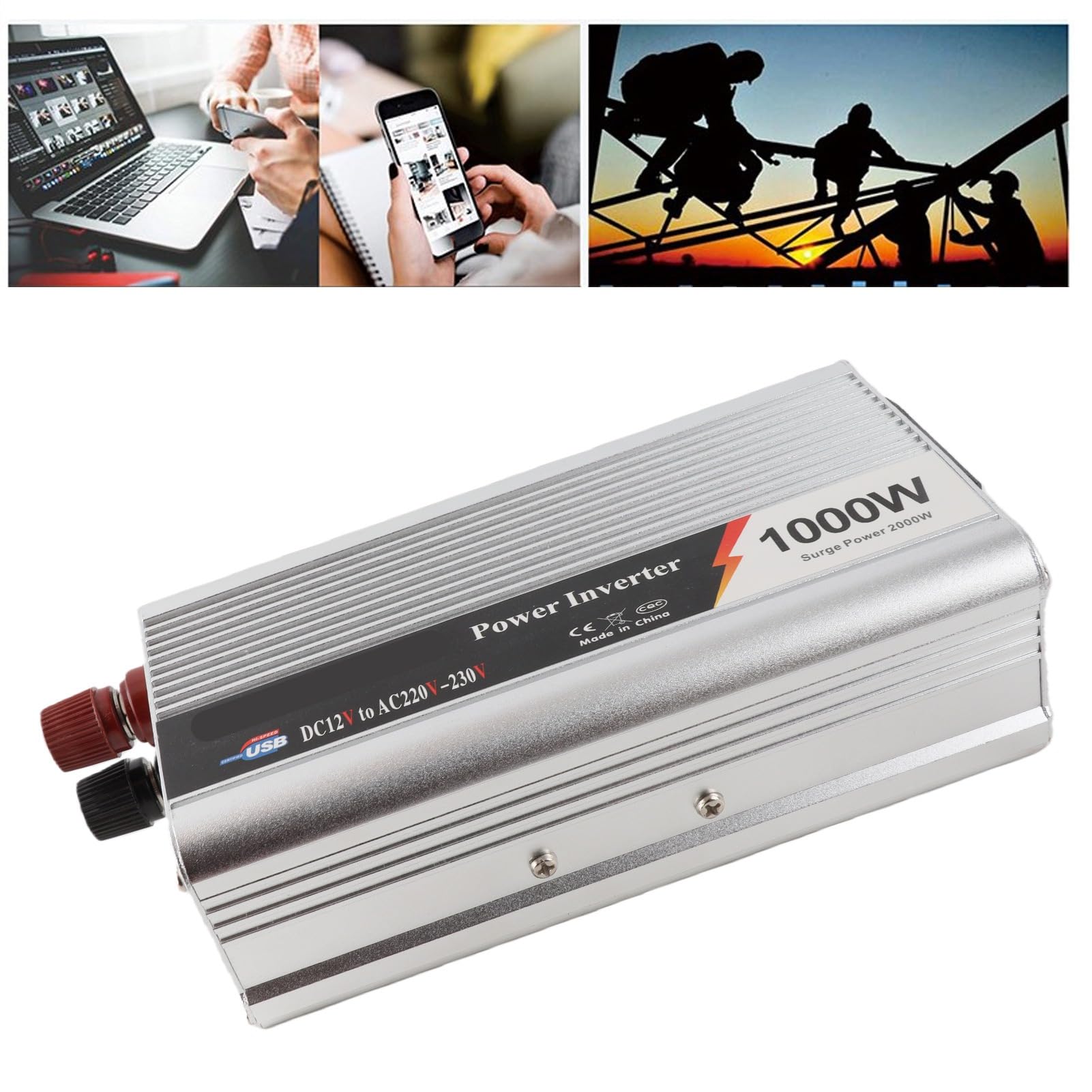 Fabater Przetwornica Mocy, 1000 W, Ciągła, 2000 W, Szczytowa, Cichy Wentylator Chłodzący, Falownik Samochodowy, Falownik Pojazdu z Portem USB do Samochodu Ciężarowego RV