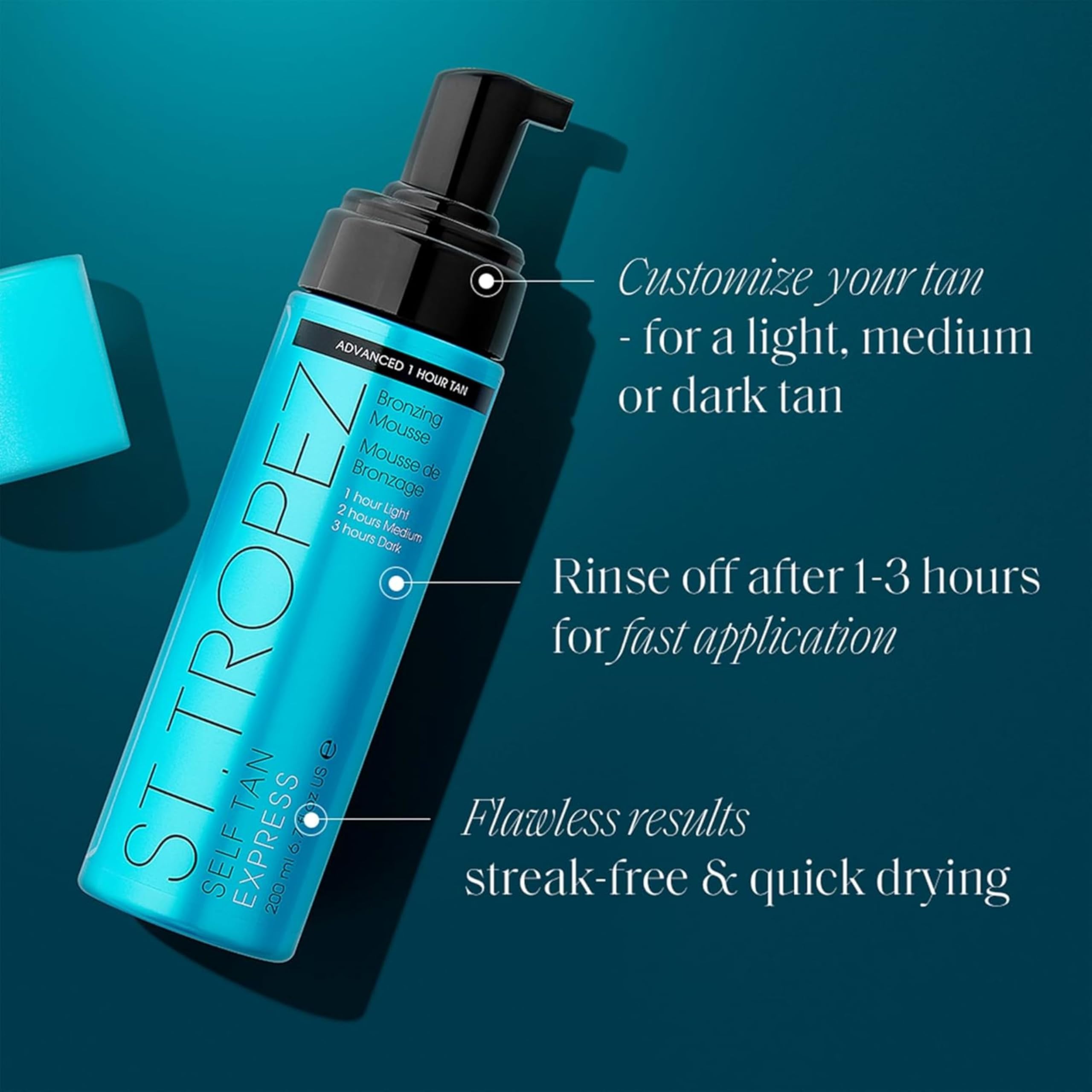 St.Tropez Mousse autoabbronzante Express, ad azione rapida, si sviluppa in 1-3 ore, finitura senza striature, vegana, naturale e cruelty free, 200 ml