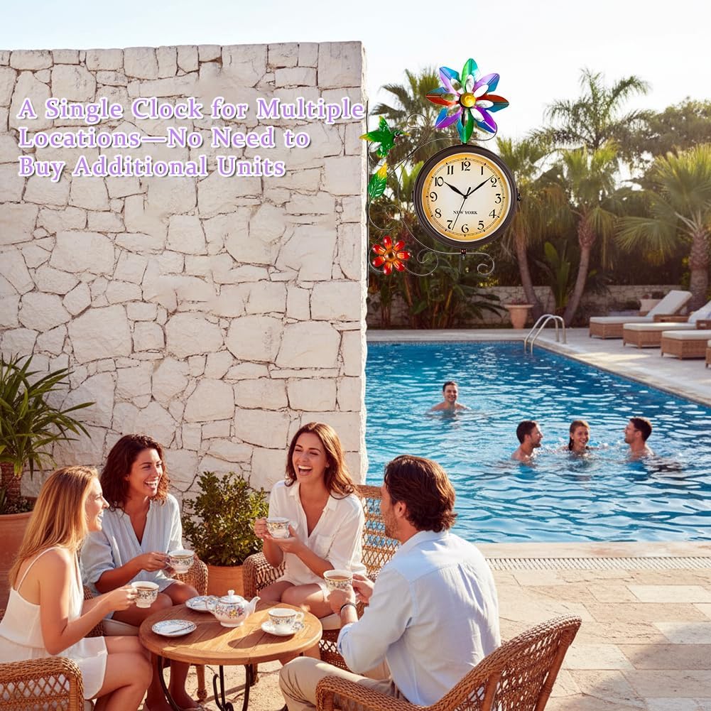 Vintage Indoor Outdoor Clock - Silent Non-Ticking, Double Sided Wall Clock with Windmill Decor Waterproof for Garden, Patio, Yard, Farmhouse, Home Décor (Colorful)