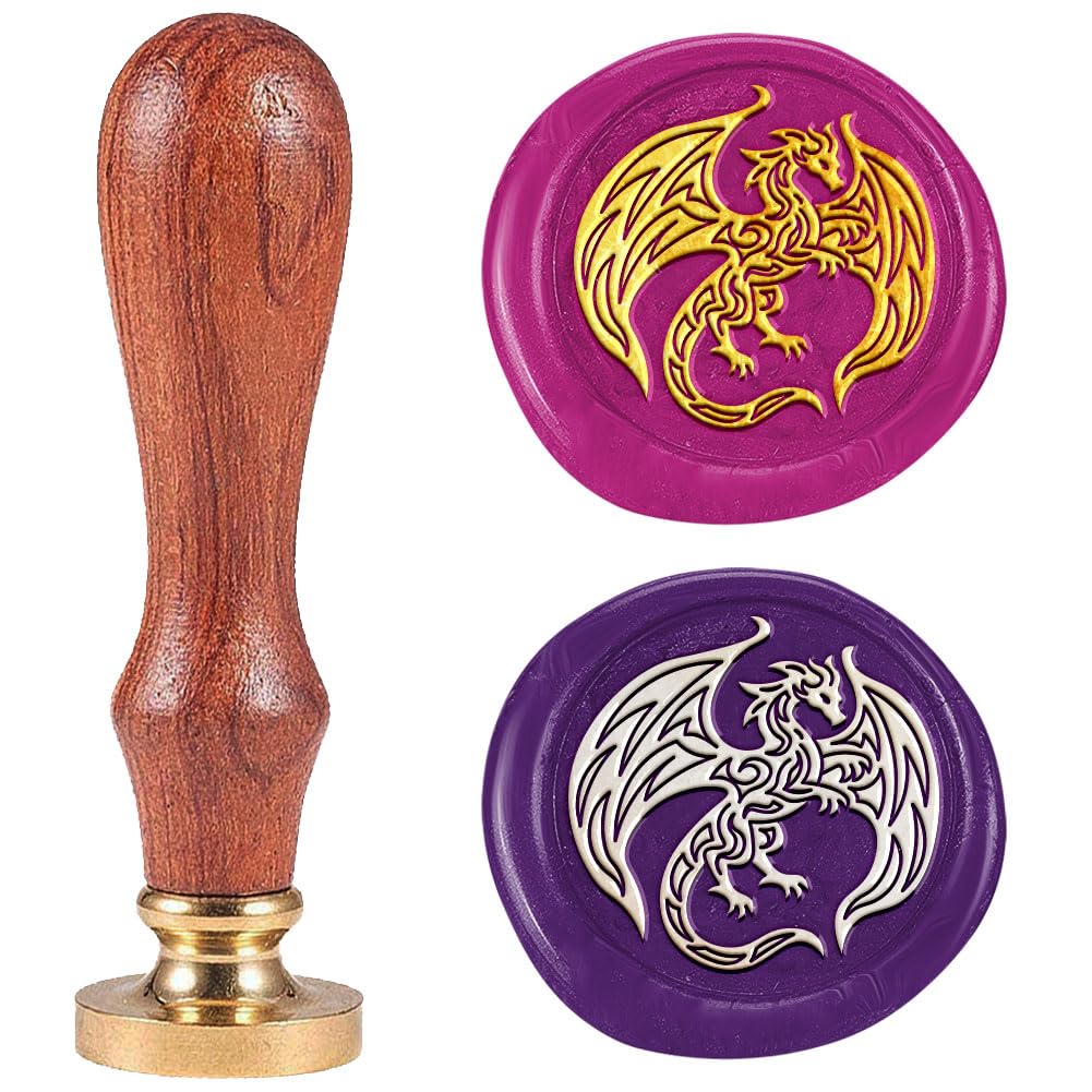 DELORIGIN 1" Totem Dragon Wax Seal Stamp Retro Sealing Stamps Removable Brass Head Seal Stamp with Wooden Handle Sealing Wax for Greeting Card Letter Invitations Gift Card Envelope Packing Craft