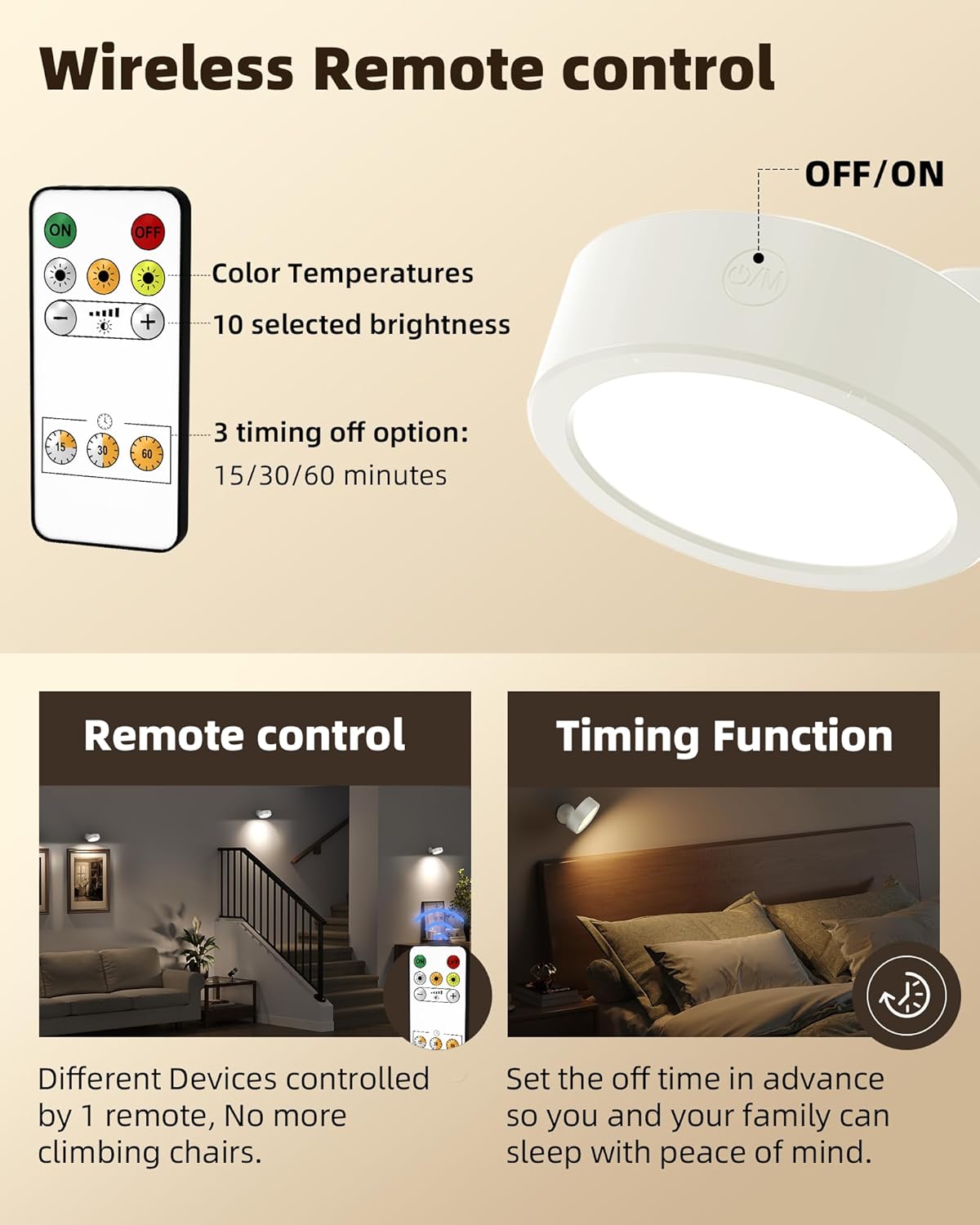 EZVALO LED Wall Mounted Lights, 5500mAh Rechargeable Wall Sconces Lamp, 3 Color Temps & Remote and Touch Control, 360°Rotation Dimmable Cordless Wall Light for Bedroom Reading Study (2 Pack White)