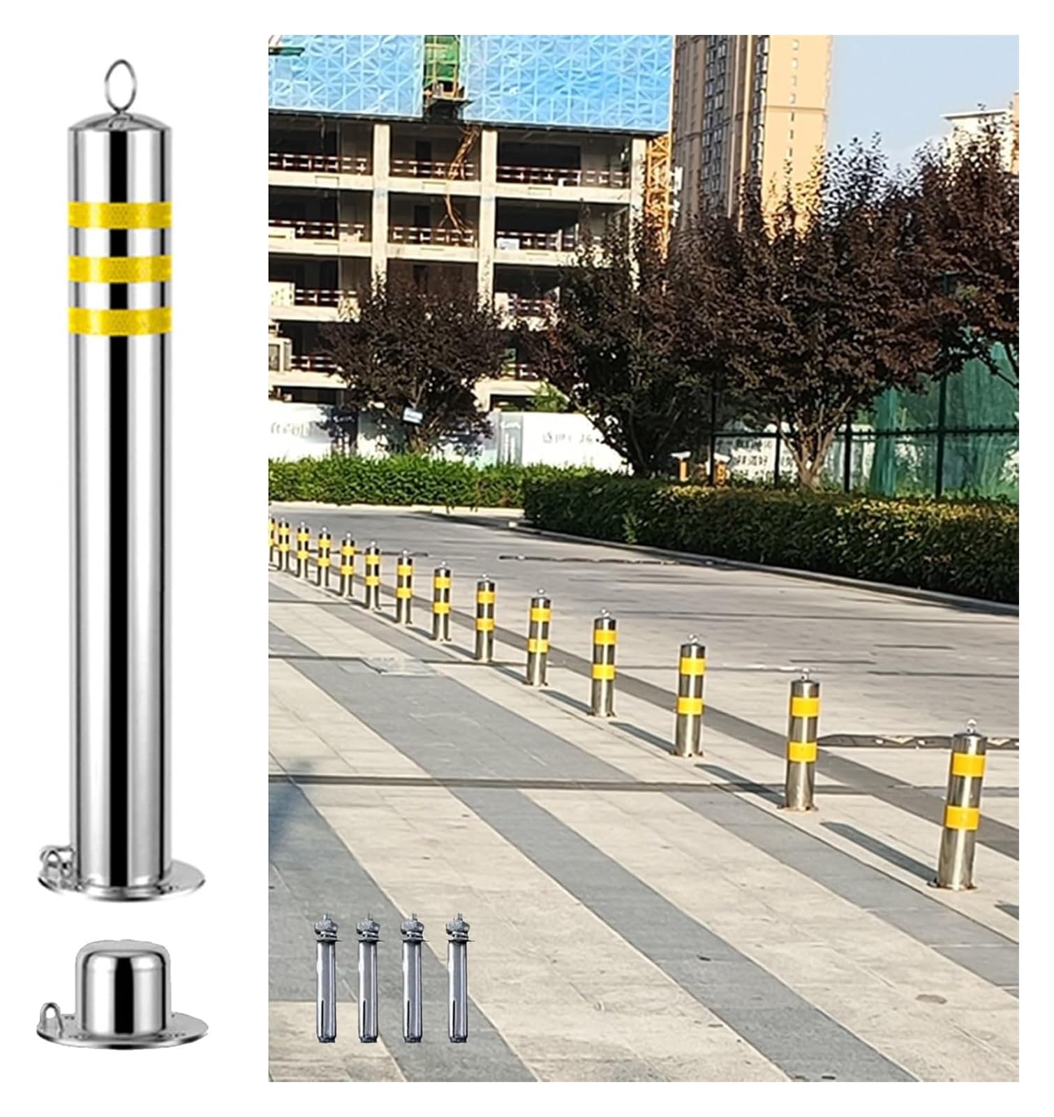 CWCQGH Safety Bollard Stainless Steel Pipe Parking Bollards, Reflective Traffic Delineator Cones For Driveway (1pc 7.6 x 60cm (3 x 23 5/8in))