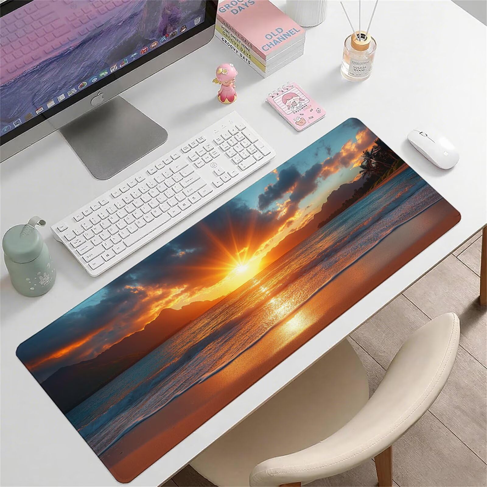 Żółta podkładka pod mysz XXL 1600 x 800 x 3 mm widok na morze pod ręką akcesoria na biurko antypoślizgowa gumowa podstawa i szyte krawędzie podkładka pod mysz dla graczy do dekoracji biura biurowego