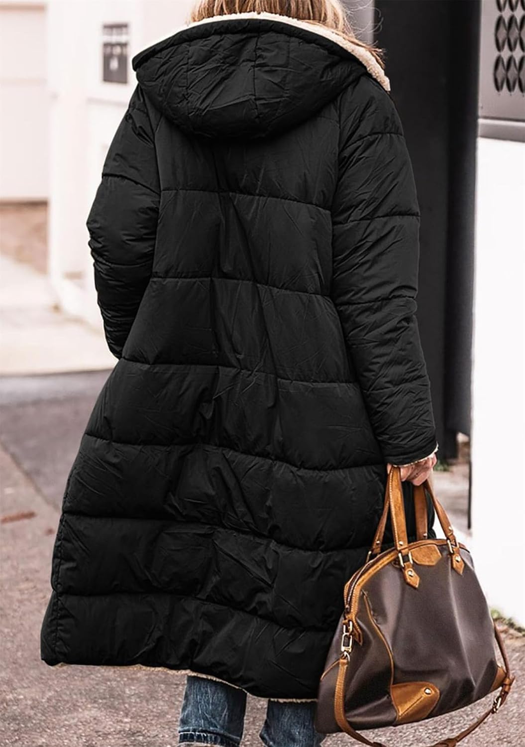 GORIFE Women's Casual Hooded Quilted Loose Coat Jacket Warm Sherpa Lined Winter Puffer Warm Fleece Jacket