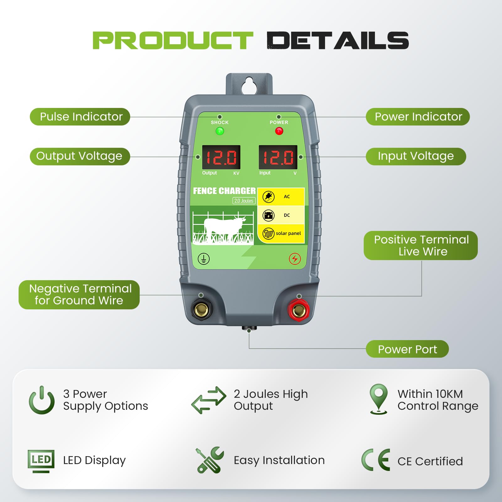 Dispositivo di recinzione elettrica 2J 10 km Gamma di controllo Energizzatore di recinzione elettrica impermeabile con display a LED 3 opzioni di alimentazione per agricoltori, allevatori