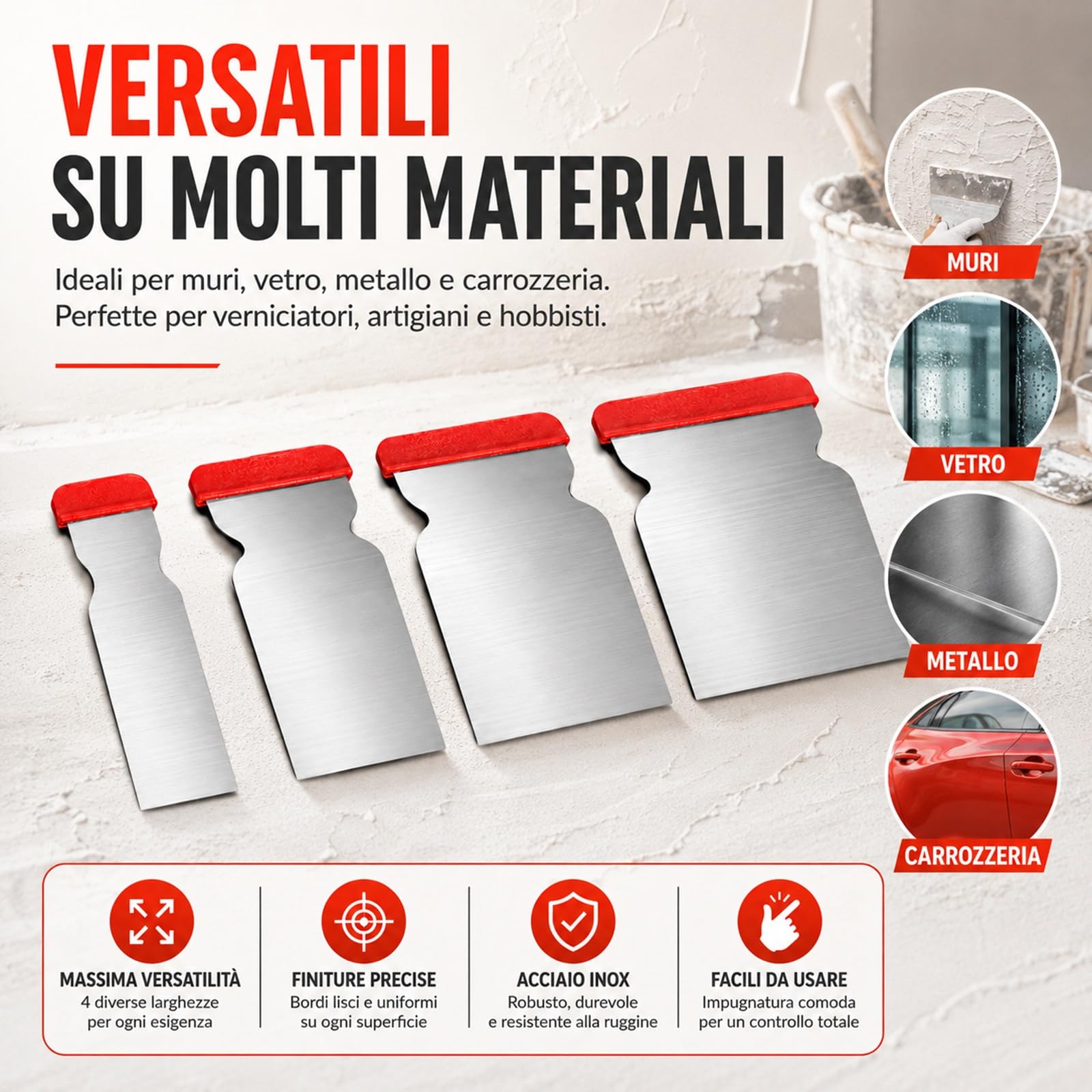 Set 4 Spatole Giapponesi in Acciaio 47/70/87/105 mm per Verniciatura Stuccatura Rasatura