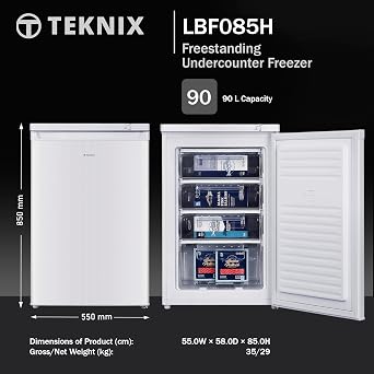Teknix LBF085H Freestanding Undercounter Freezer - 55cm Width - 90 Litre Capacity - 4 Large Compartments - 4 Star Freezer Rating - White [Energy Class E]