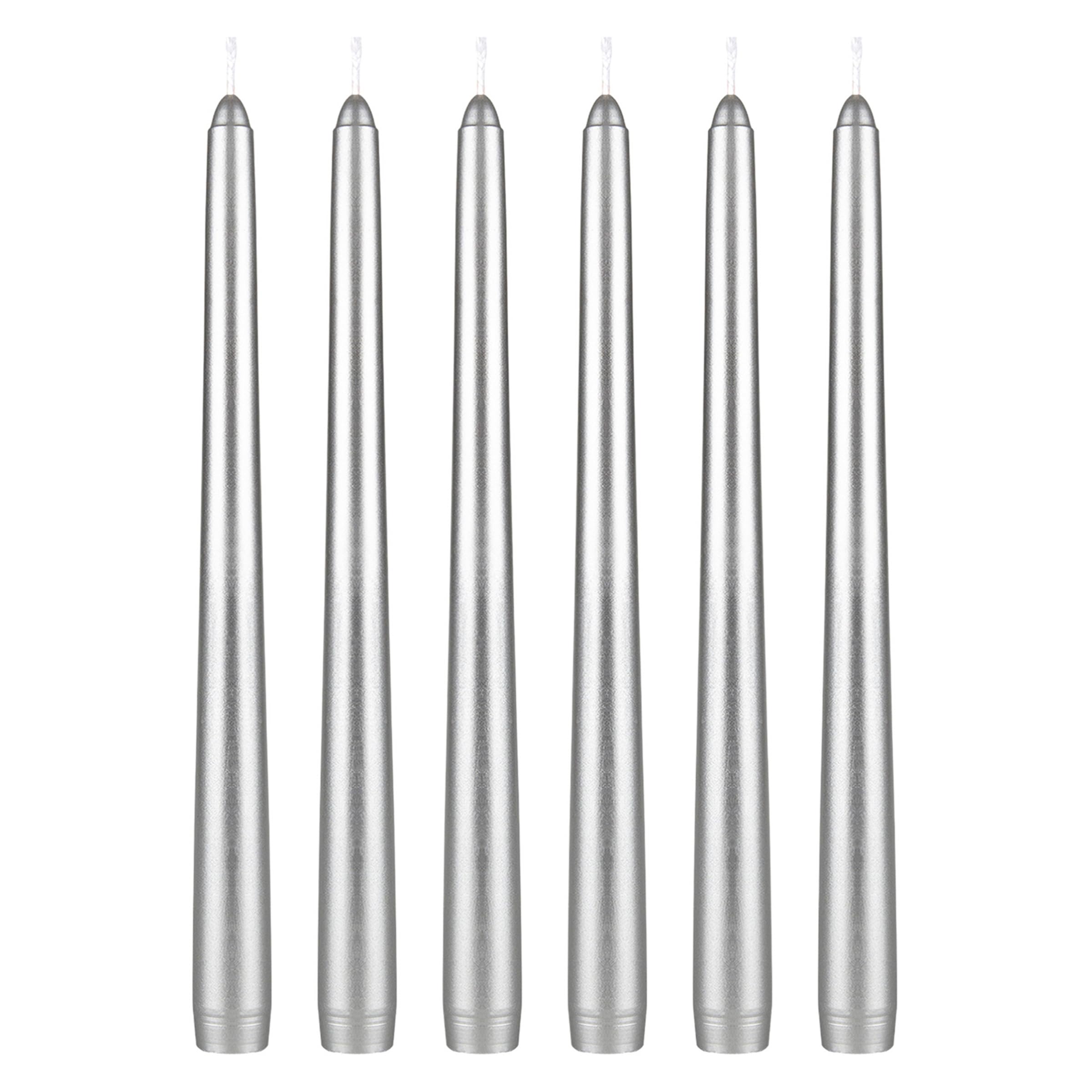 Mega Candles 6 pcs Unscented Silver Taper Candles, Hand Poured Wax Candle 10 Inch x 7/8 Inch, Home Décor, Wedding Receptions, Centerpieces, Occasions,