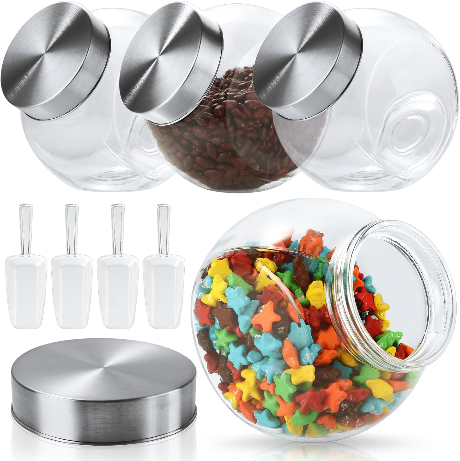 4 Pack Glass Cookie Jars with Lids, 64oz Cookie Jars with Lids Airtight, Candy Jars for Candy Buffet 2-Way Display with Spoons for Snacks, Dry Food, Jelly Beans Canister, Apothecary Jars