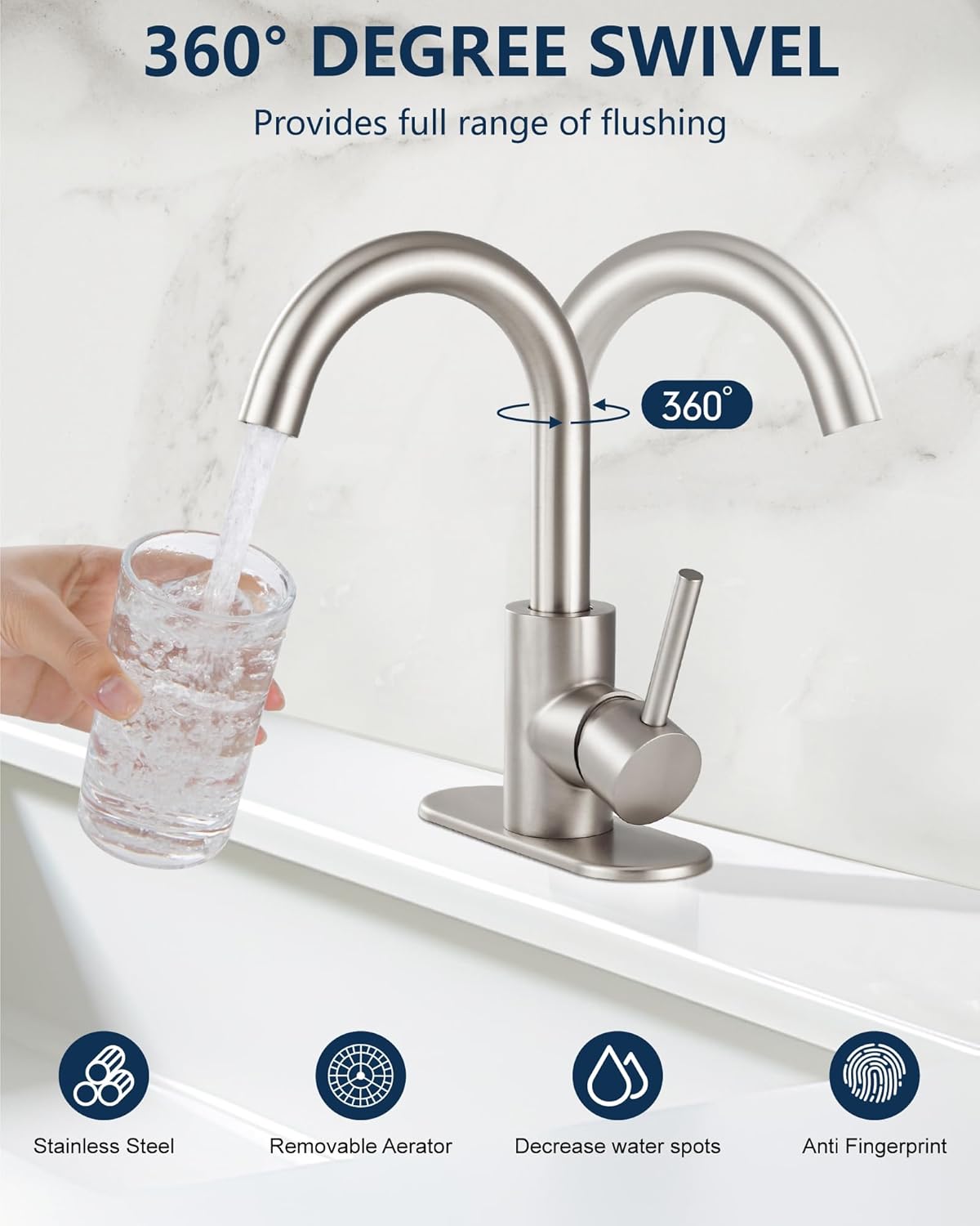 Midanya Bathroom Faucet 1 or 3 Hole Sink Single Handle,Suitable for Bar Kitchen RV Vanity,304 Stainless Steel 360° Swivel Gooseneck Spout with Deck Plate Without Drain,Brushed Nickel