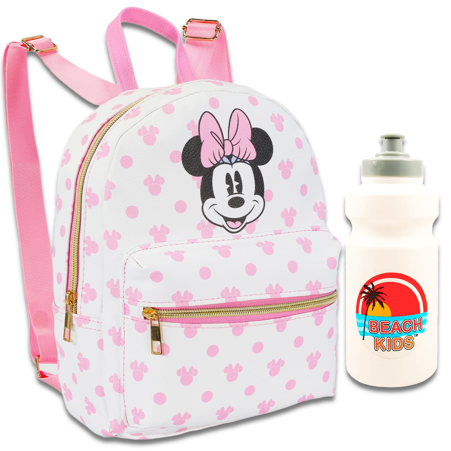 Disney Minnie Mouse Mini Backpack for Girls - 10” Faux Leather Minnie Mouse Backpack with Front Pocket Plus Bottle | Minnie Mouse Backpack Bundle