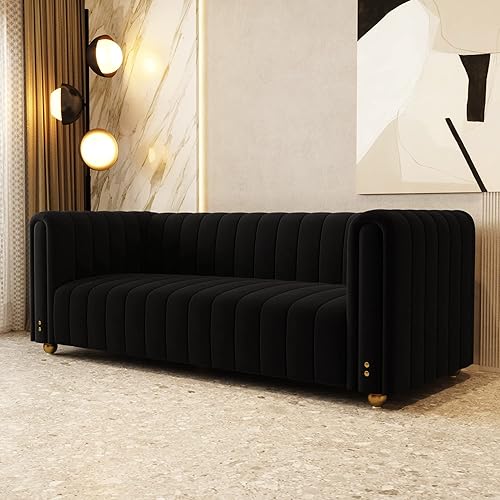 Miniatura 6 de STORFENBOR Sofá de terciopelo negro de 81 pulgadas, moderno sofá de mediados de siglo para 3 personas, sofás de terciopelo copetudo Chesterfield