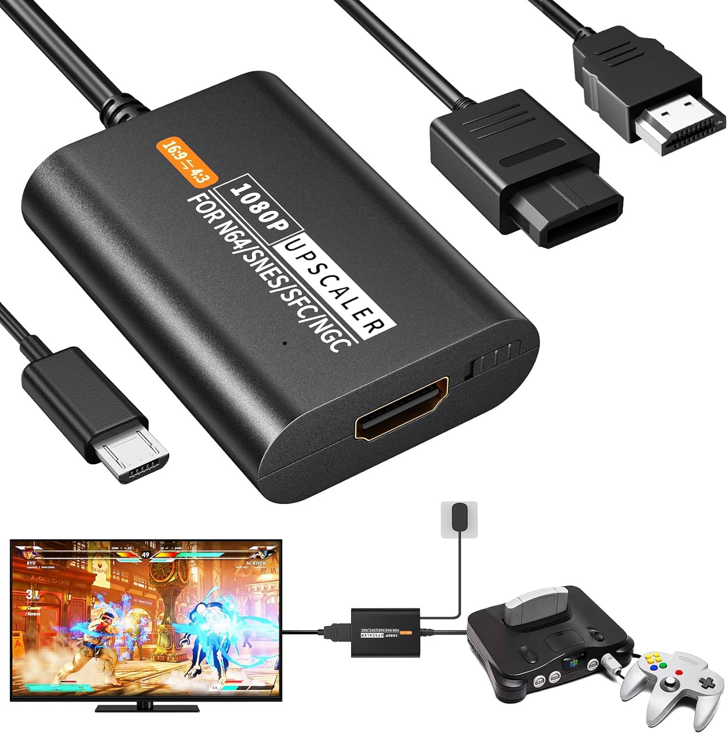 HDMI Adapter for N64, HDMI Adapter for Gamecube with USB & HDMI Cable, 1080P Converter, Plug & Play, Supports 4:3/16:9 Switch, Compatible with Nintend0 64/SNES/Gamecube (NGC)/SFC