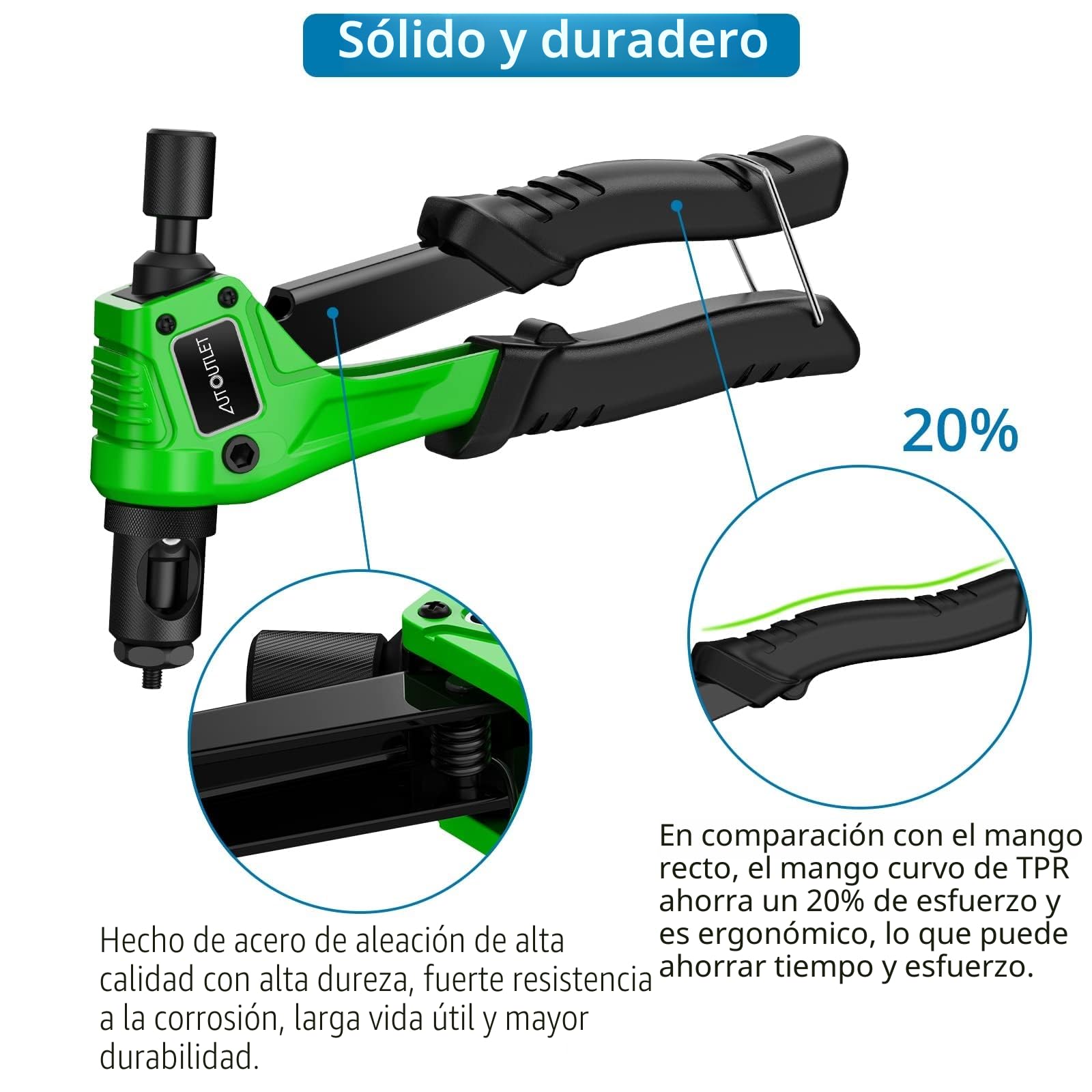 AUTOUTLET Remachadora de Tuercas, 8" Remachadora Manual, con 100PCS Tuercas de Remache, 4 Mandriles Intercambiables M3 M4 M5 M6, Llave Incorporada, Remachadora de Tuerca Profesional - Verde