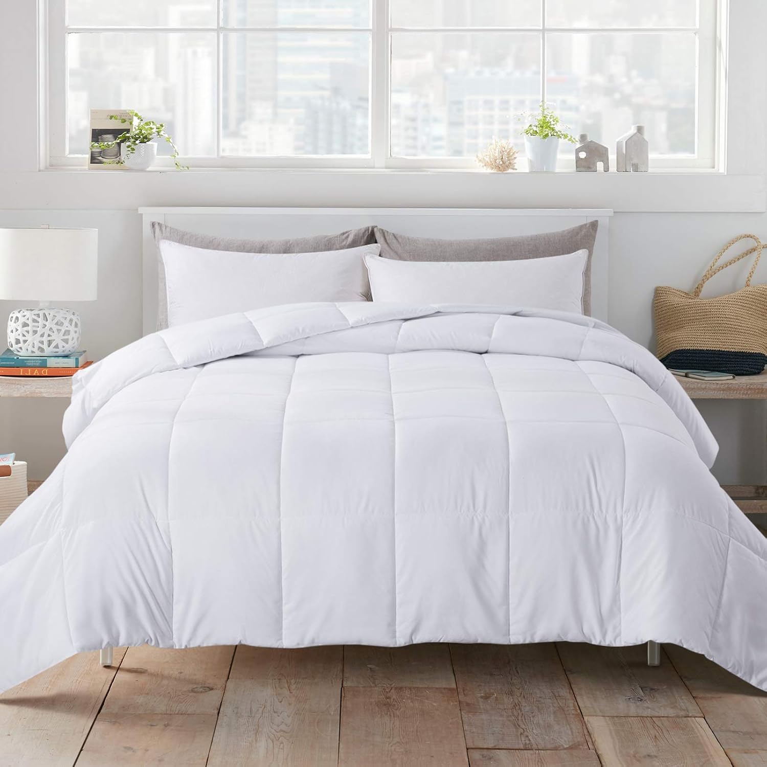 WhatsBedding White California King Down Alternative Comforter- All Season Lightweight Duvet Insert or Stand-Alone Comforter with Corner Tabs - 104×96 Inch