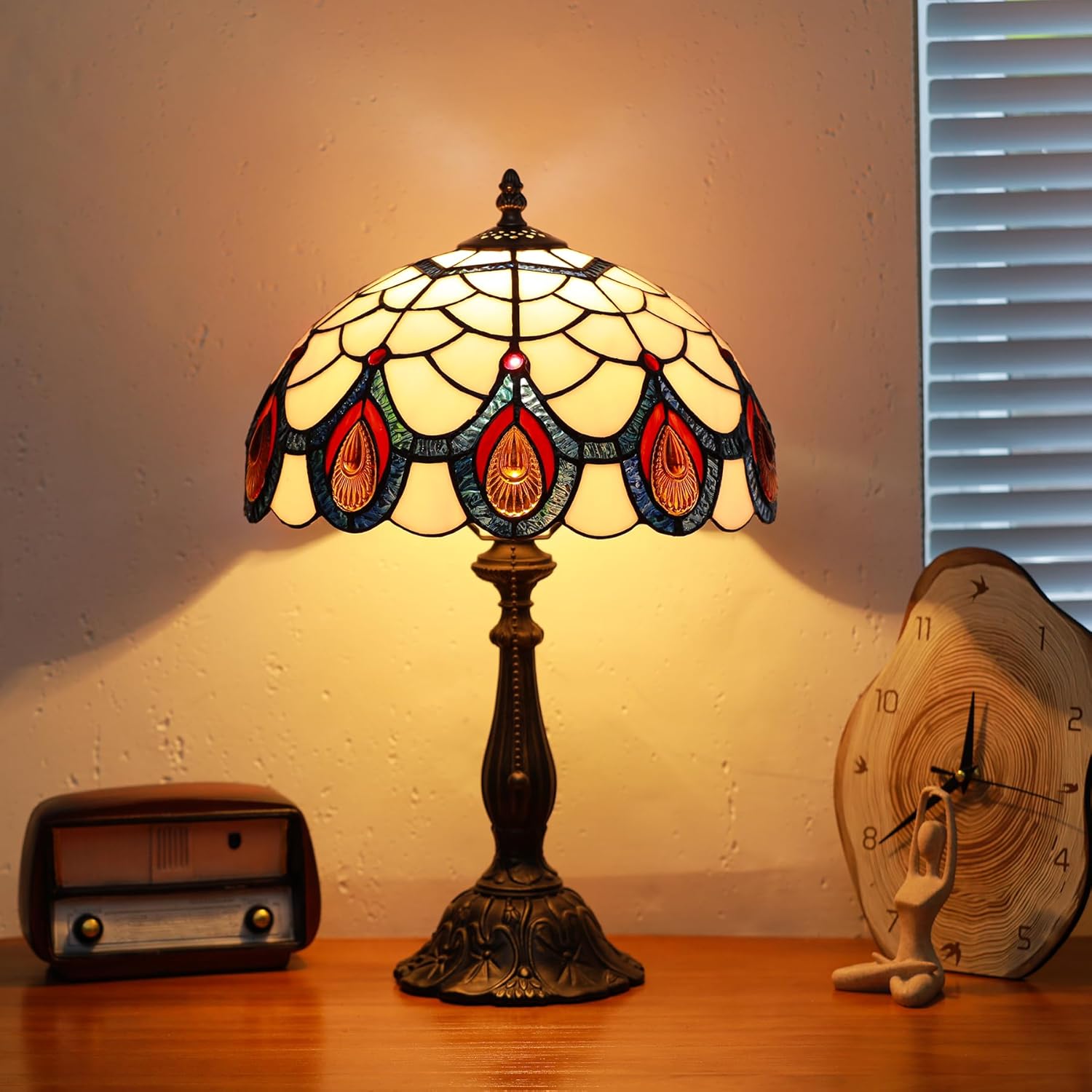 Tiffany Lamps Light Pink Peacock Tail Style Stained Glass Table Lamp Desk Bedside Reading Light 12X12X18.5 Inches with Bronze Resin Base Applicable to Bedroom Living Room Office