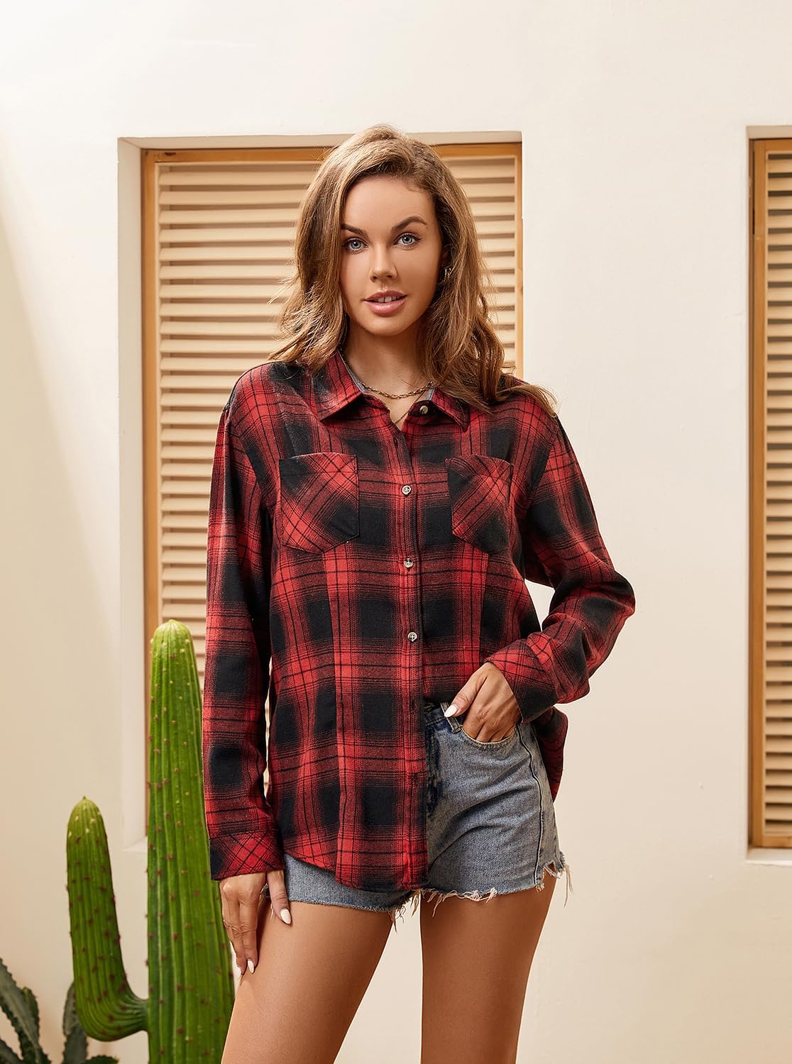 WARHORSEE Plaid Flannel Shirts for Women Long Sleeve, Loose Fit Womens Casual Flannels Button Down Shirts Blouses Tops - Image 4