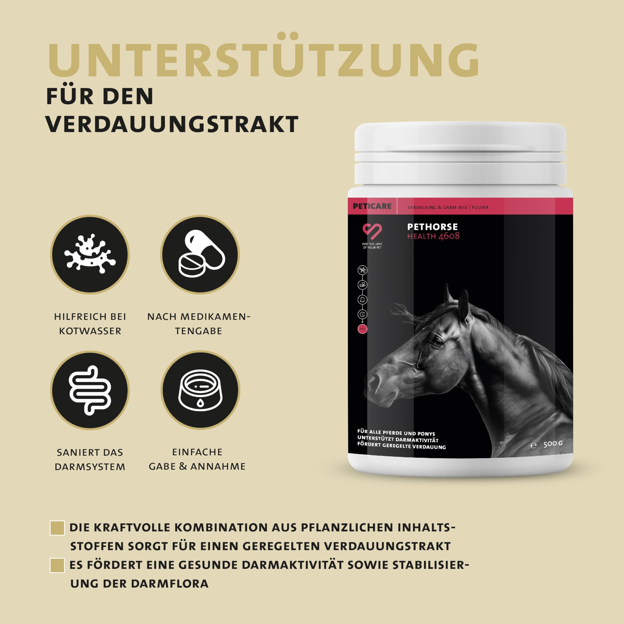 Peticare Poudre Digestive Naturelle pour Chevaux | Soutien Santé Intestinale & Immunitaire, Flore Intestinale | Idéal pour Diarrhée | Ingrédients Végétaux | sans GMO | petHorse Health 4608