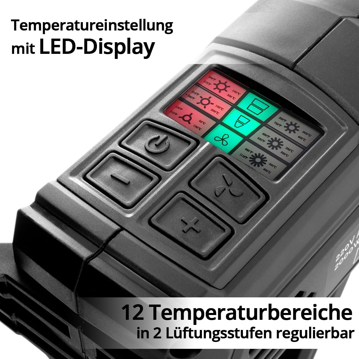 STAHLWERK Heißluftpistole mit digitalem Temperaturregler 50 – 600 °C (HP-2000 Pro) – Heißluftfön Zubehörpaket, 2.000 Watt, Heißluftgebläse zum Entlacken, Verschweißen, Schrumpfen, Fügen und Folieren