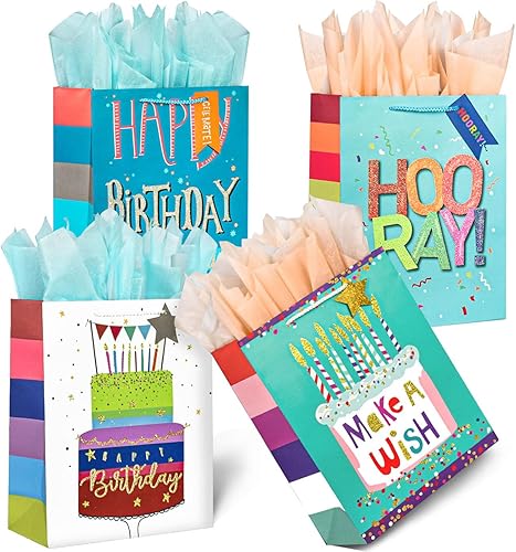 WLUSEAXI Paquete de 4 bolsas de regalo de cumpleaños con papel de seda y asa, bolsas grandes de regalo de cumpleaños para niños con etiquetas,