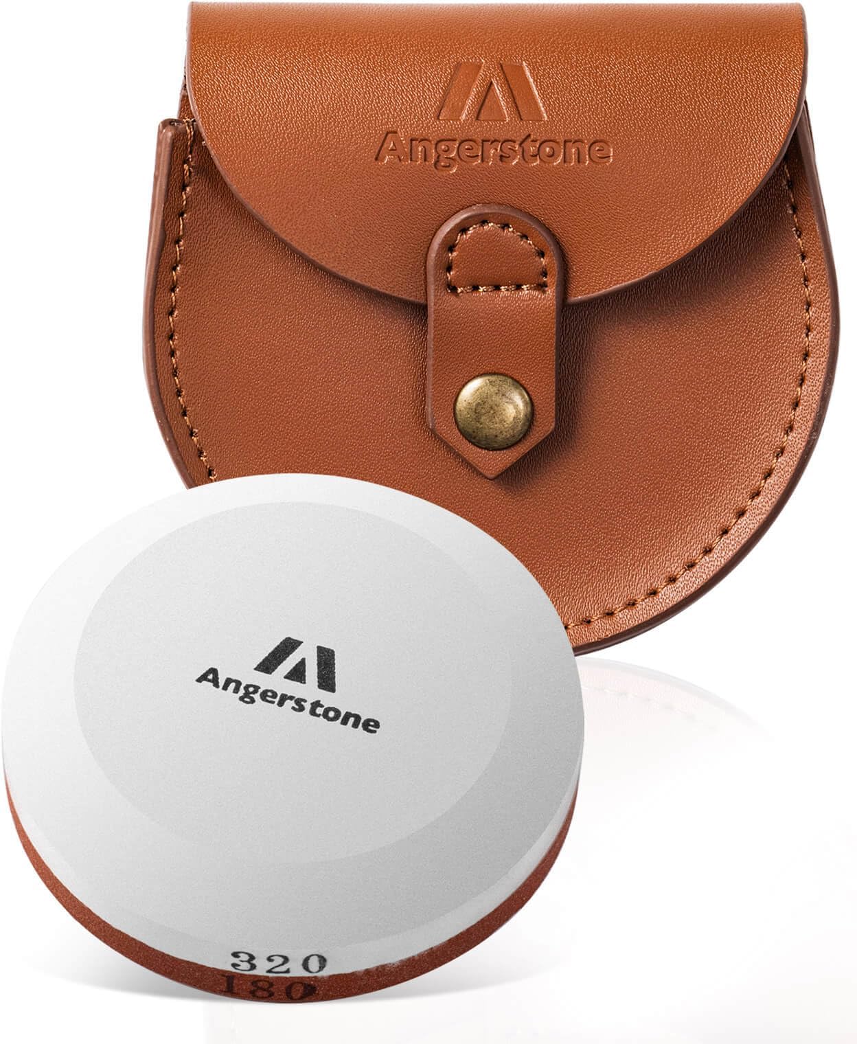 Angerstone Axe Sharpener - Multipurpose Axe/Hatchet Sharpening Stone - Whetstone Blade & Tool Sharpener, Dual Grit 180/320 Sharpening Puck with Leather Sheath