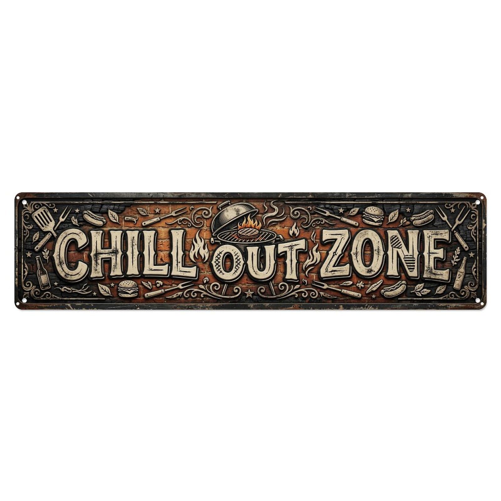 Chill Out Zone Rustic Backyard 3 Metal Tin Skinny Sign Plaque Wall Decor for Cafe, Club Bar, Office, Home Garden Metal Poster 4x16Inch