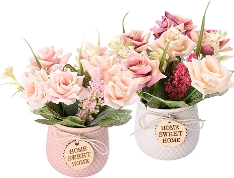 LUEUR Artificial Flowers with Vase, 2pcs Pink Silk Roses in Pot, Fake Flowers Decoration in Ceramics Vase Faux Floral Arrangement for Table Centerpieces Spring/Summer Decor Home Office Farmhouse