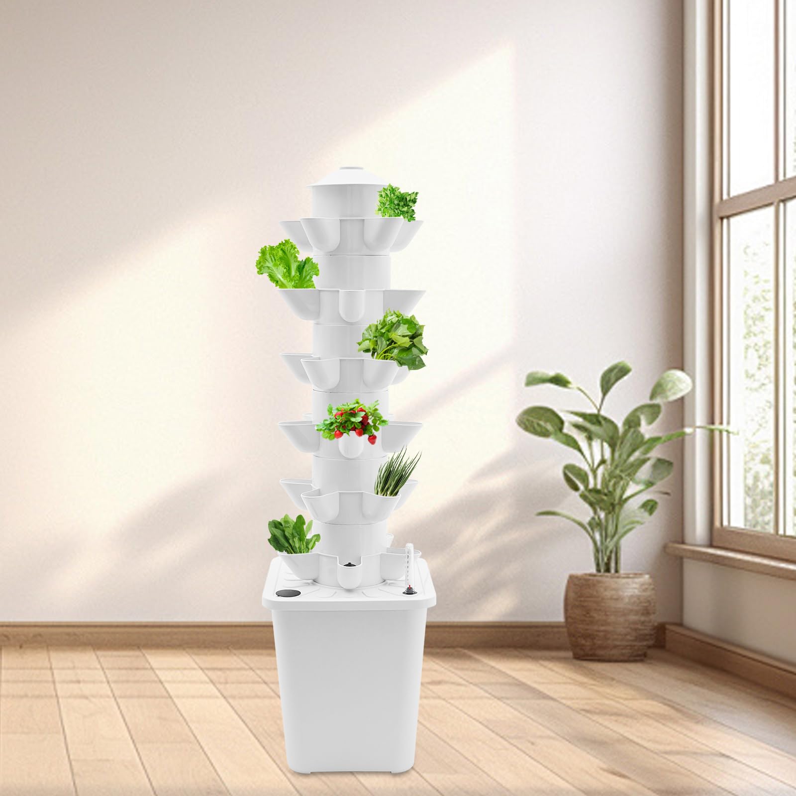 Hydroponic Growing System, 6 piani, 30 fori, torre idroponica con serbatoio dell'acqua da 10 l, indicatore del livello dell'acqua, per pomodori, fragole, lattuga, peperoncino, menta