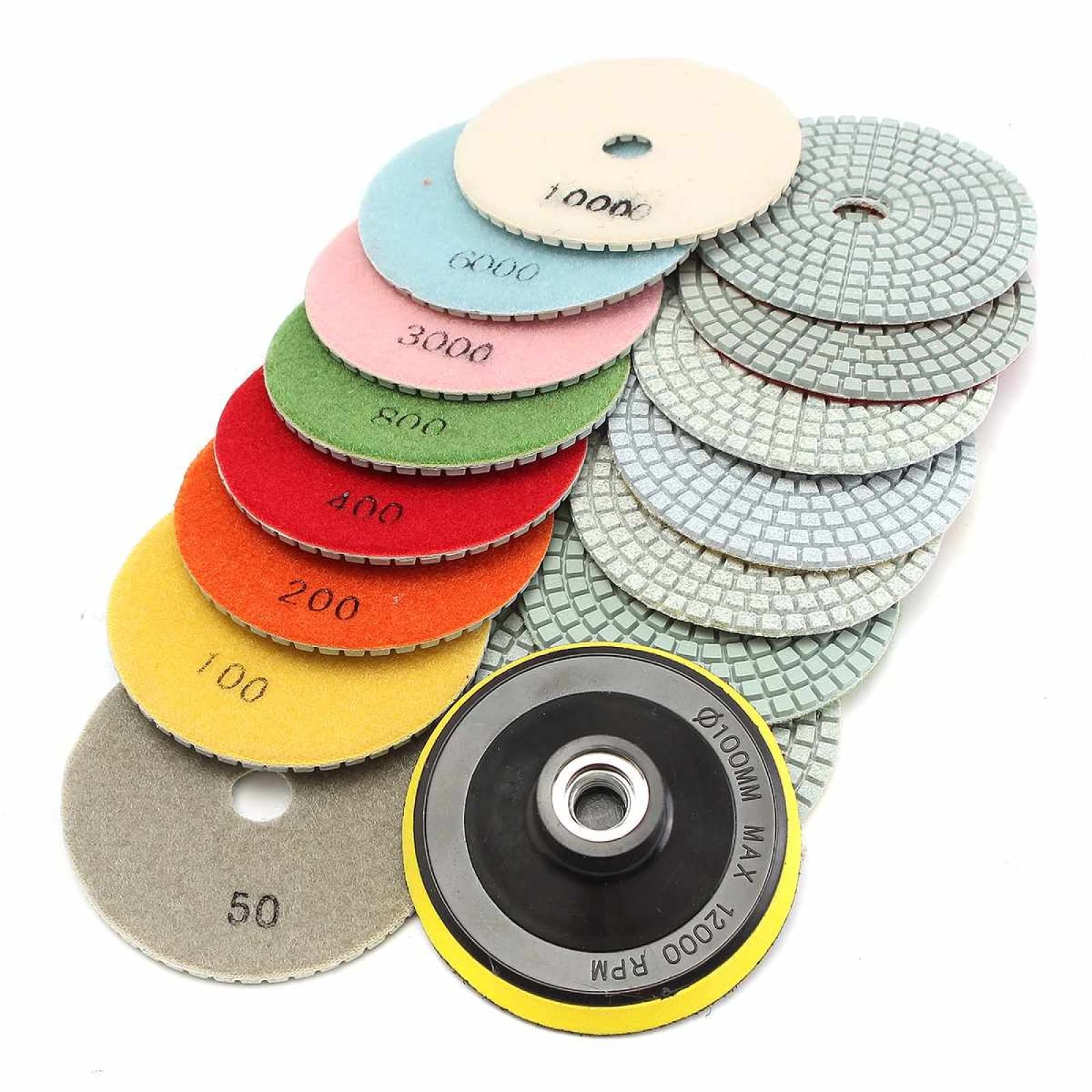 Almohadillas pulidoras de diamante, Kit de 16 almohadillas de pulido de diamante de 4 pulgadas y 100 mm for uso en húmedo/seco for granito, piedra, hormigón, mármol, juego de discos de pulido