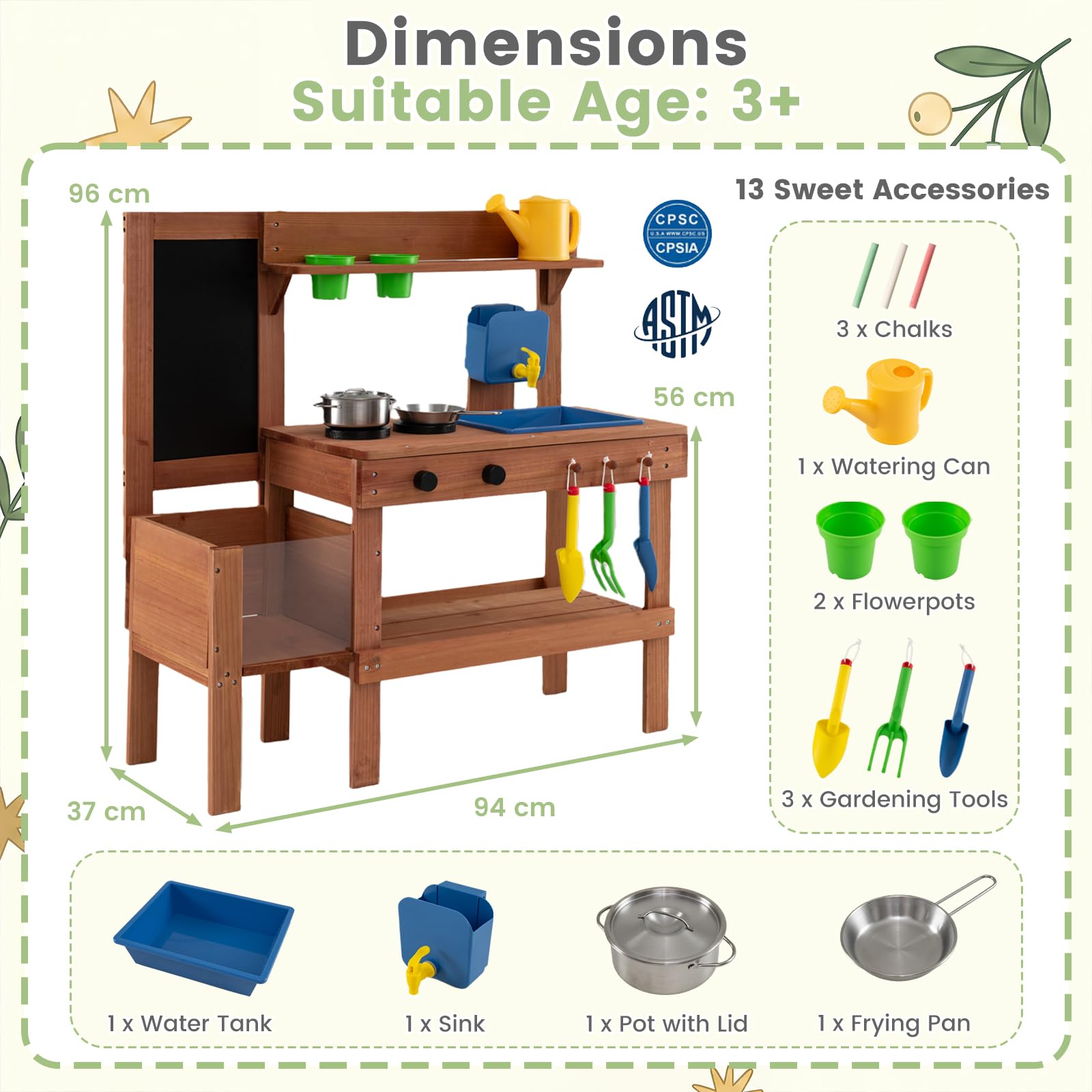 COSTWAY Cucina Giocattolo per Bambini, in Legno, per Bambini 3+ Anni | Cucinetta da Esterno con Fioriera, Lavagna, Rubinetto e Serbatoio, Cucina da Fango Interattiva con Accessori per Giardinaggi