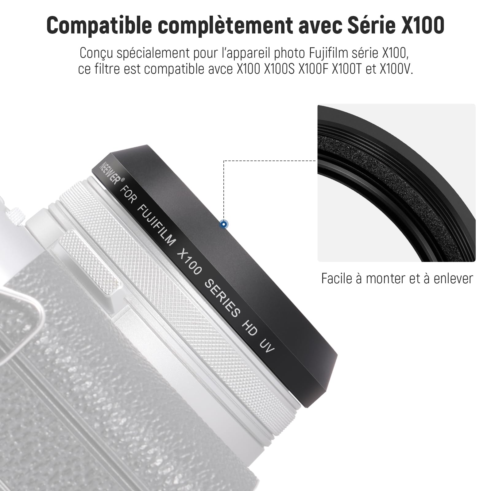 Filtre UV Neewer Pour Fujifilm X100 Series - Verre Optique HD Multicouche - Protection Objectif - Cadre Argenté