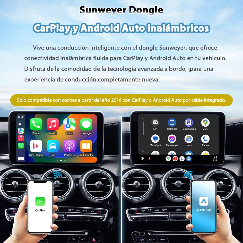 Sunweyer neuester Adaptador Inalámbrico CarPlay & Android Auto 2 IN 1 Dongle,Auto-Conexión,Puerto USB-A, unterstützt Online-Updates, Kabel zu Wireless Adapter (Regular)