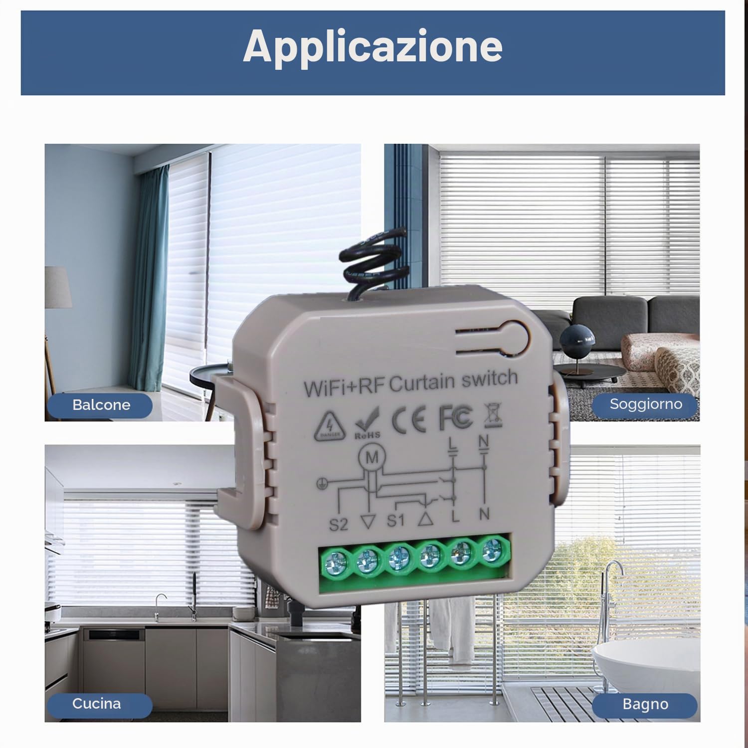 Interruttore Tapparelle RF+WiFi Switch per Tenda, Relè Modulo Comando Smart per Tapparelle Elettriche, Controllo App Smart Life, Comando Vocale Alexa