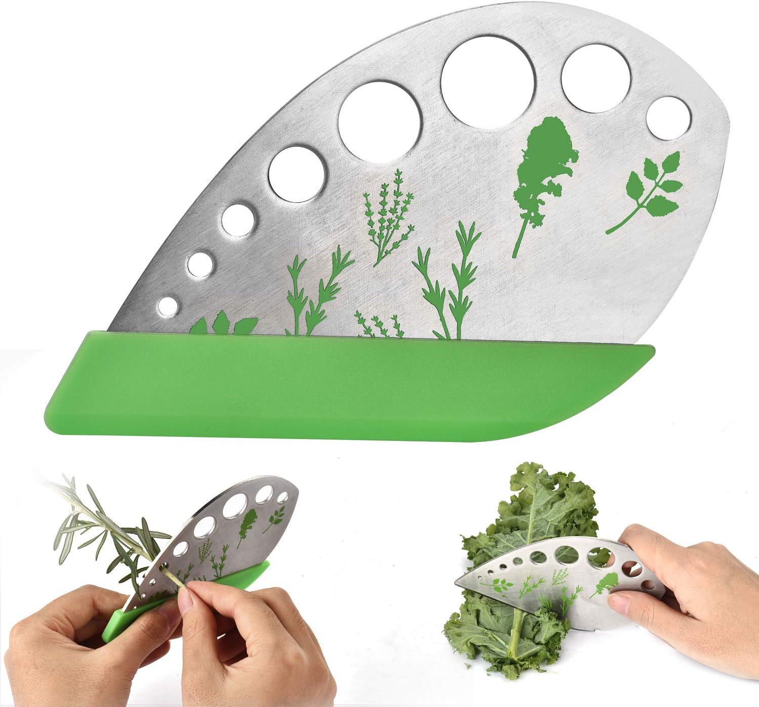 Leaf Herb Stripper, Stainless Steel Kitchen Herb Stripper Tool, 9holes, 2 in 1 design,Curved edge can be used as a kitchen knifefor Chard, Collard Greens, Parsley, Basil, Rosemary Herb, Taragon, Thym