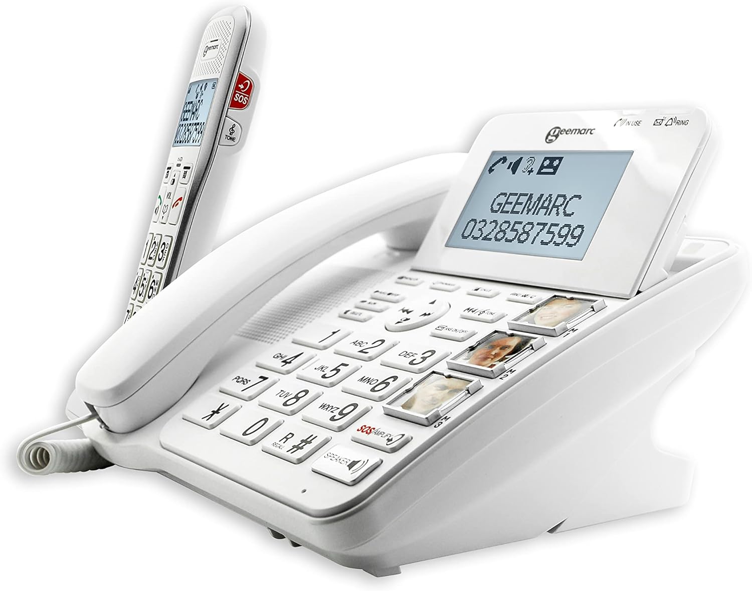 Side view of the Geemarc Amplidect 595 Combi base unit, showing answering machine controls.