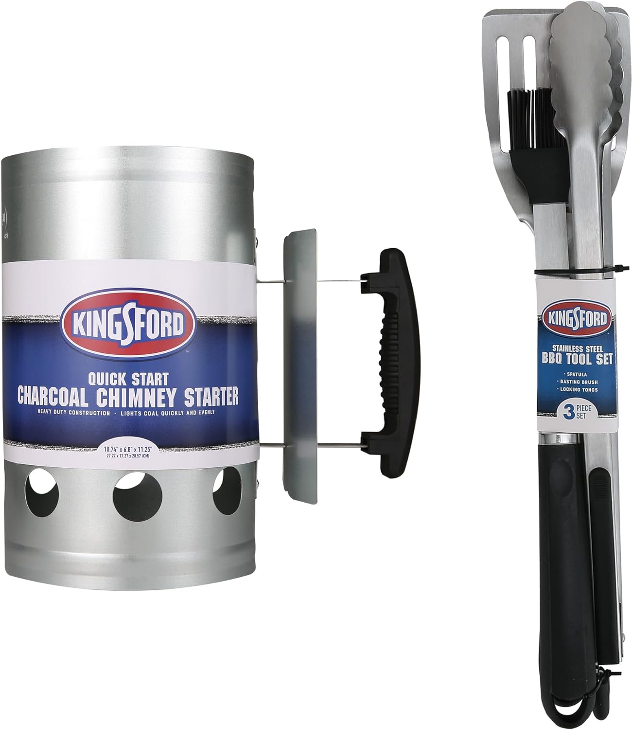 Kingsford Charcoal Chimney Starter and BBQ Tool Set Bundle – Includes Heavy Duty Chimney Starter and 3-Piece Stainless Steel Grilling Tool Set with Spatula, Tongs & Basting Brush