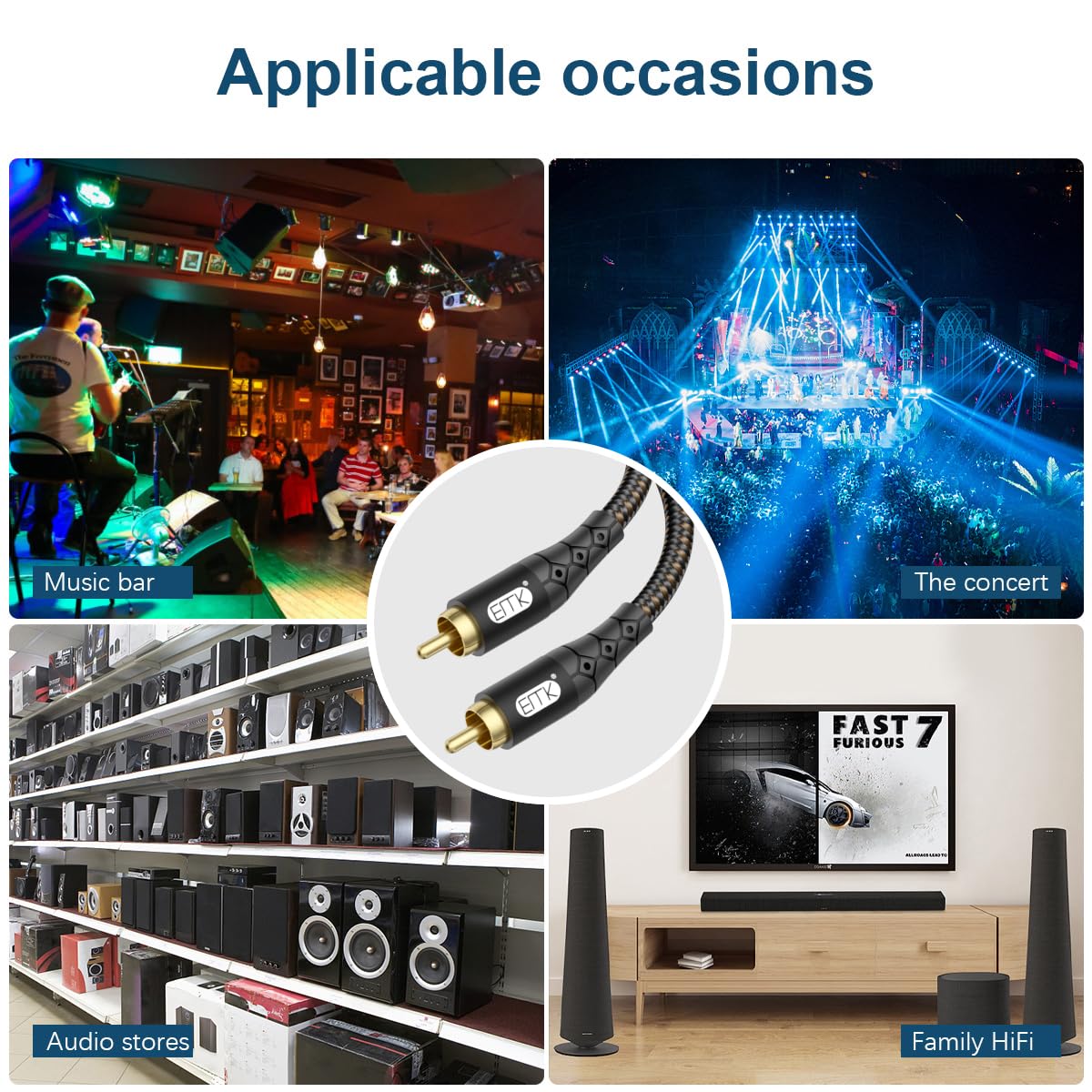 EMK Cable de subwoofer RCA a RCA – Conector chapado en oro de 24 quilates de nailon trenzado de doble blindaje, cable de audio digital y analógico, soporte de señal para amplificadores, subwoofer