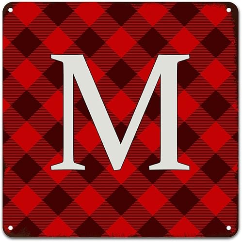 Letrero de metal para decoración de pared, monograma, letra M, letrero de Navidad a cuadros rojos, póster de metal vintage, letra A-Z, letrero