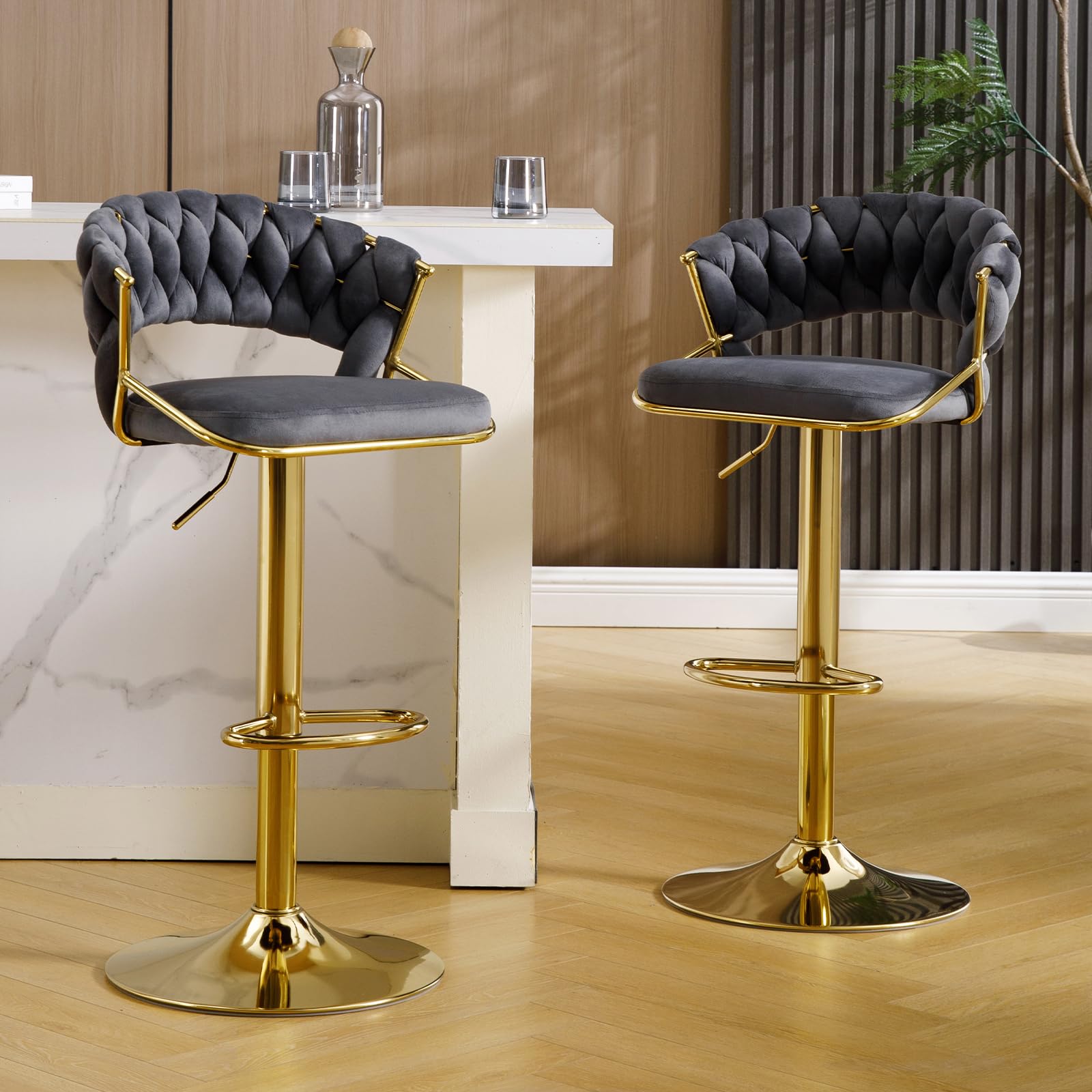 KHISCHMO Modern Velvet Bar Stools Set of 2 Adjustable Height 360° Swivel Counter Stools with Woven Openwork Backrest Gold Footrest for Kitchen Island Bar, Darkgrey