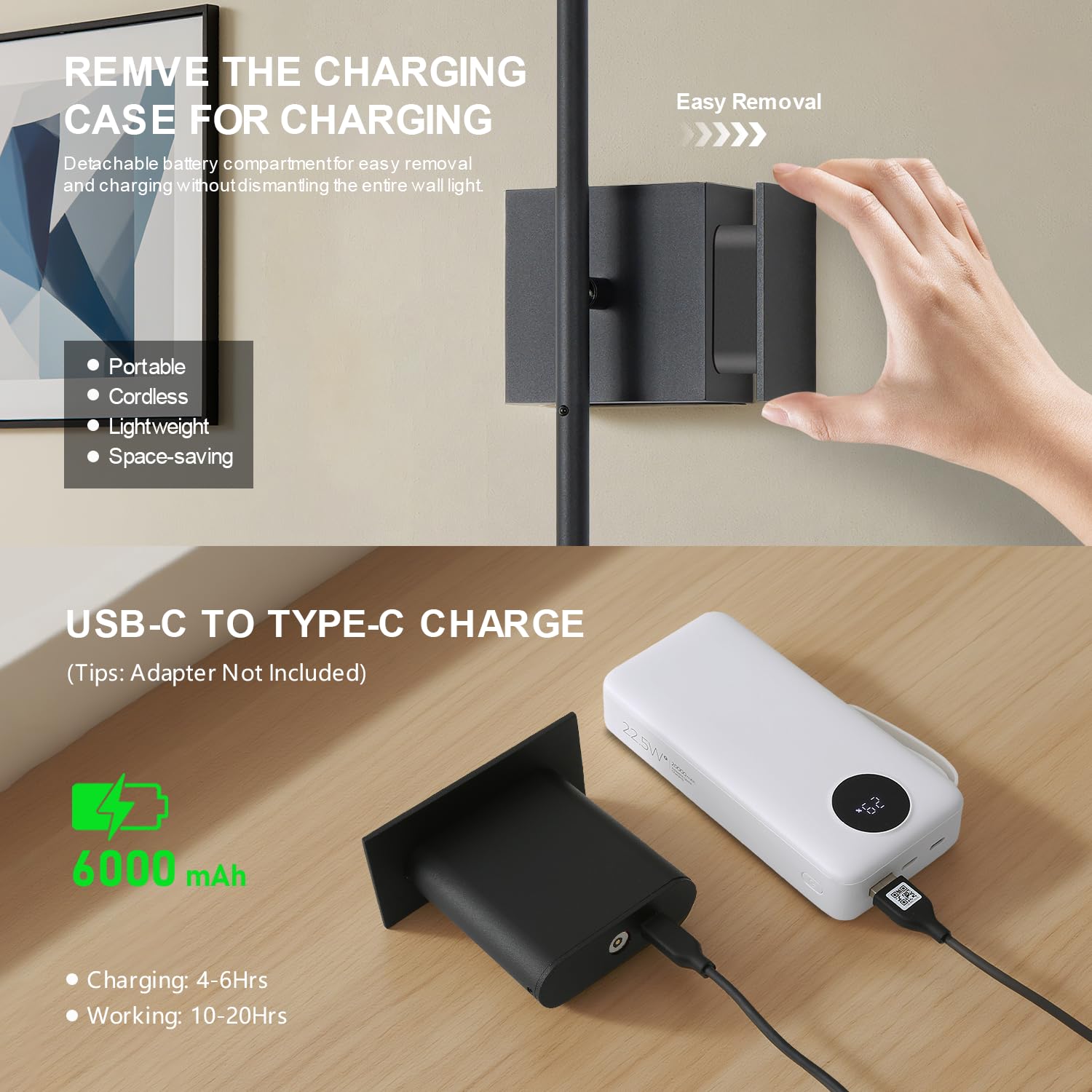 2 Piezas Apliques de Pared LED Sin Cable, USB Recargable Lámpara de pared con Mando y Control Táctil, 6000mAh Batería Luz de Pared Regulables, 350° Giratorio, para Sala de Estar Dormitorio, Negro 80CM
