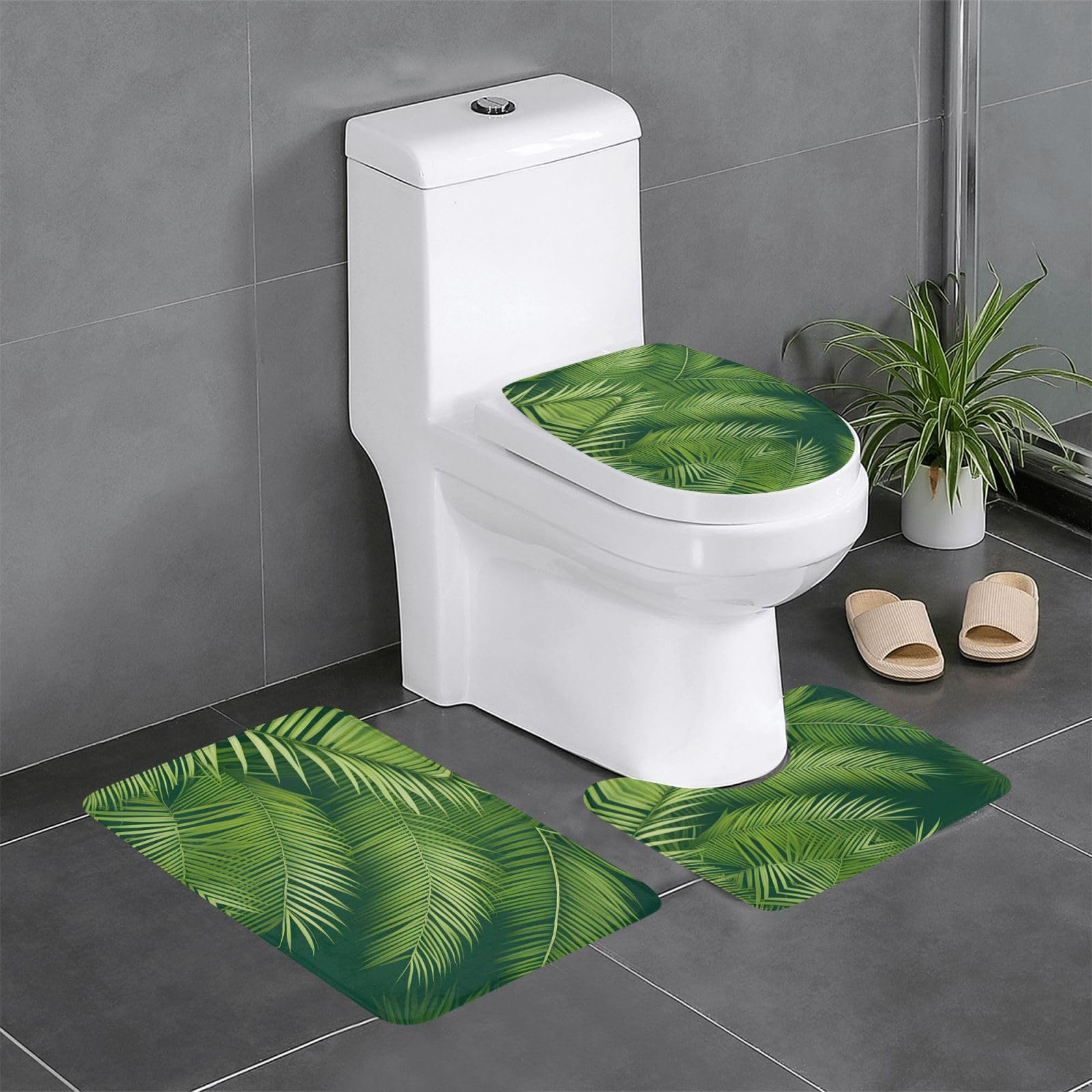 Tapis de salle de bain antidérapants lot de 3 avec motif feuilles de palmier vertes