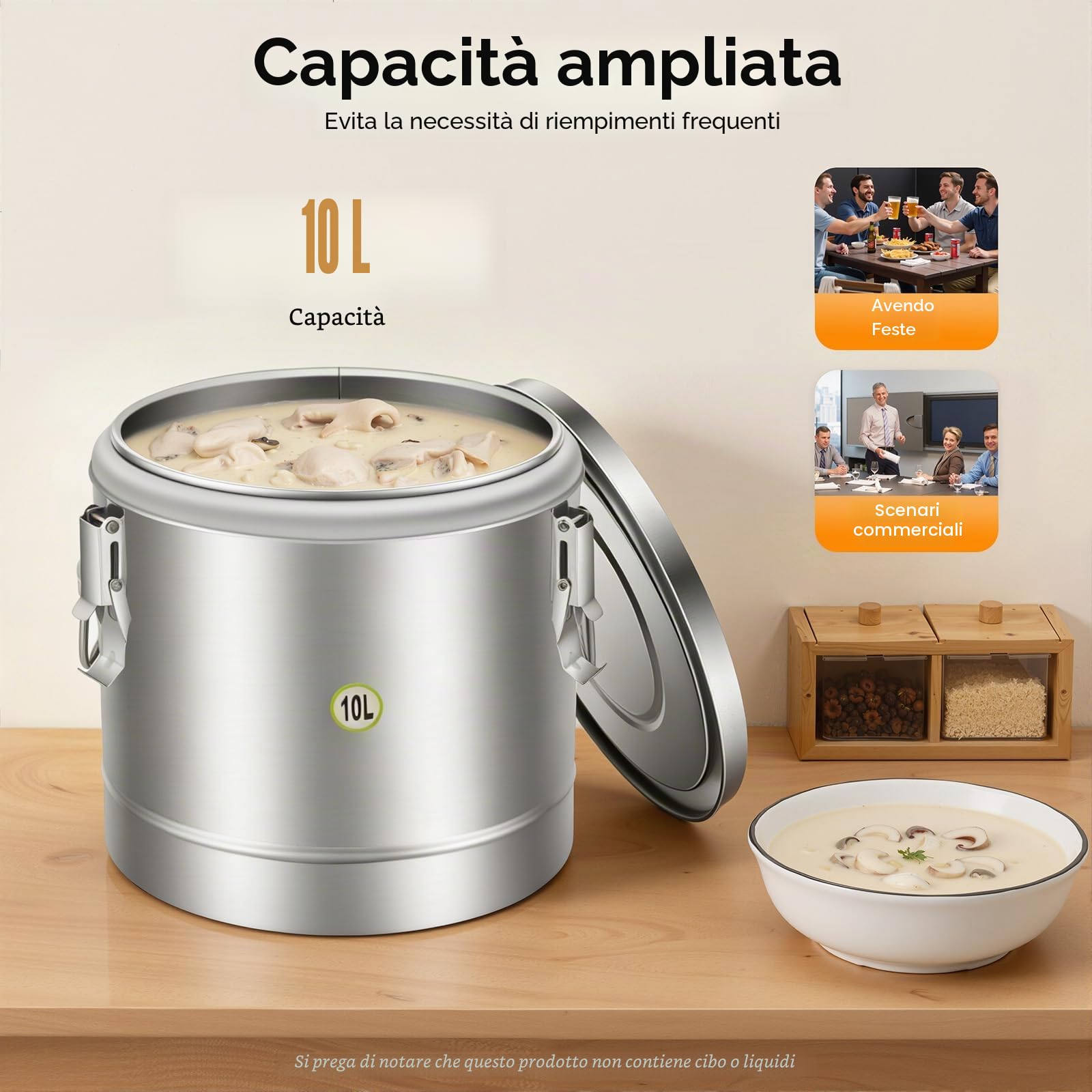 Contenitore termico da 10 l, in acciaio inox, contenitore ermetico per alimenti, isolato, con coperchio e clip di chiusura, trasportatore di zuppa isolato con manici laterali