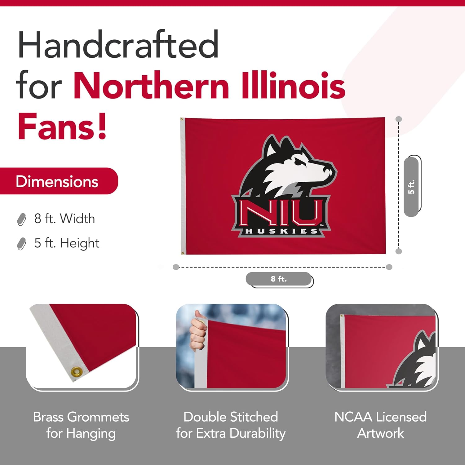 Northern Illinois Huskies College Sports Printed Flag - NCAA Licensed - Nylon - School Banner (Red, Black) (5' x 8')