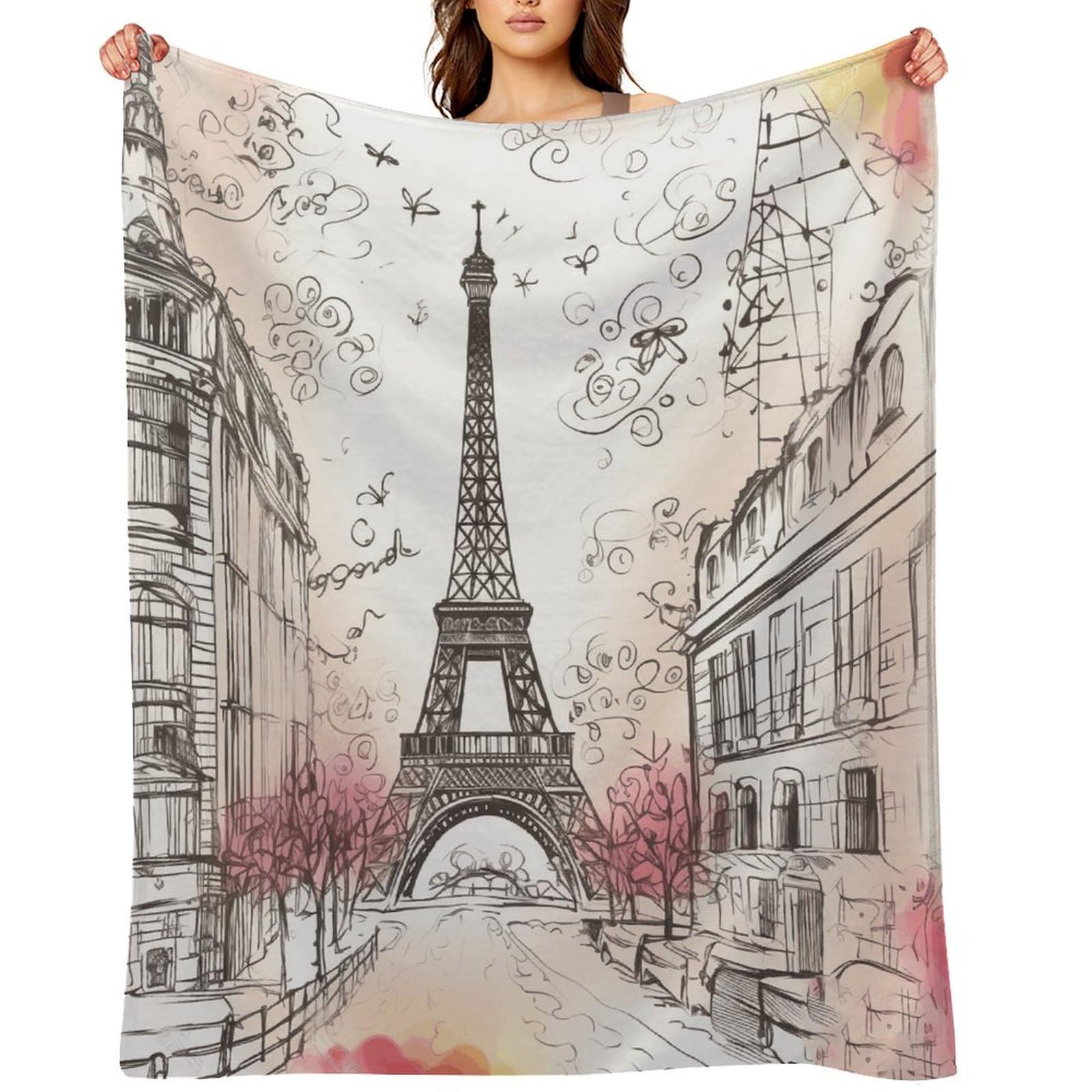 French Paris Tour Eiffel Tower Throw Blanket for Couch and Bed Super Soft Warm Lightweight Throw Blankets Cozy Fuzzy Flannel Blanket Personalized Decorative Blankets for Sofa Decor 60"x80"