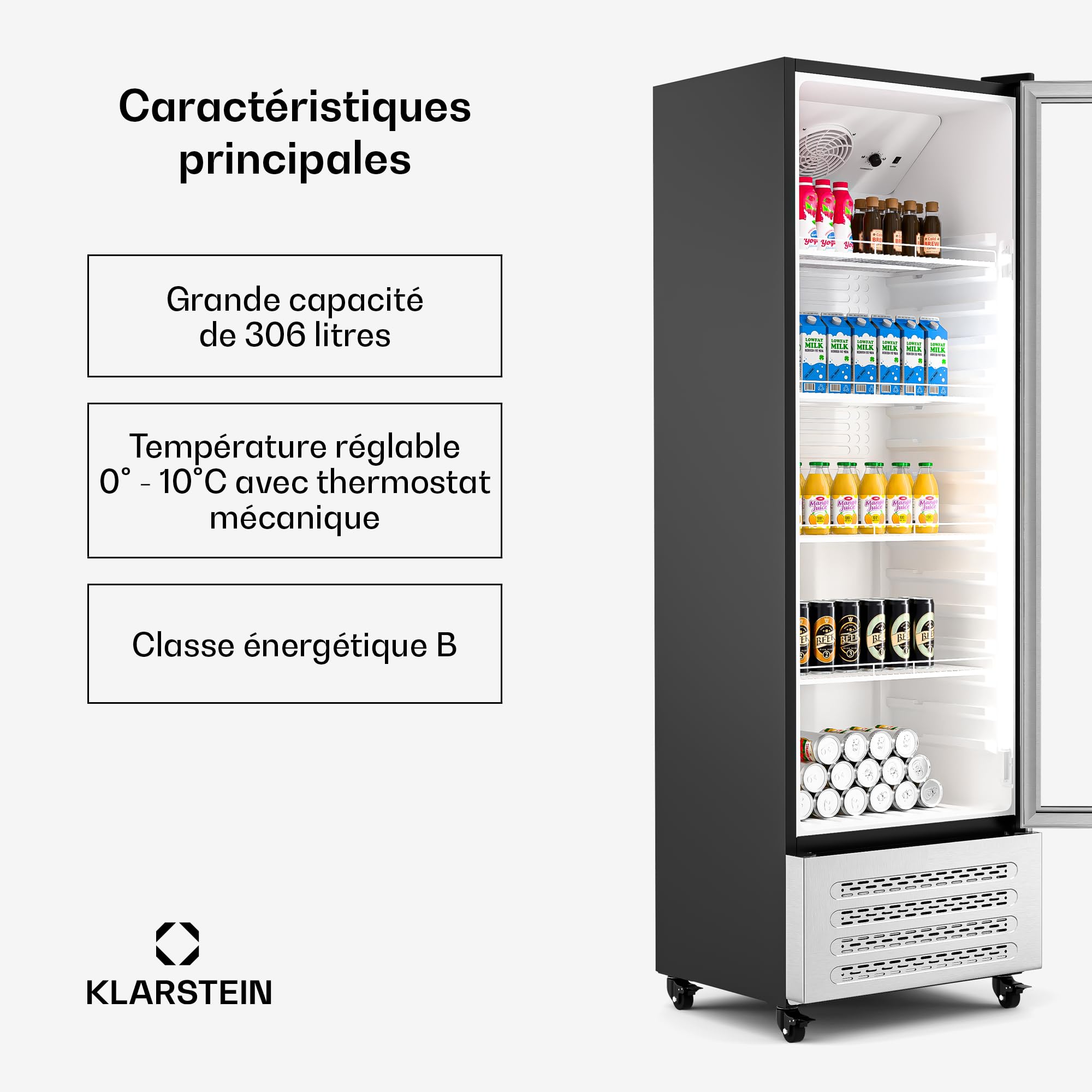 KLARSTEIN GrandCooler 306 L Réfrigérateur à Boissons - Vitrine Réfrigérée avec Porte Double Vitrage, Porte aluminium, Éclairage LED Blanc/Bleu, Thermostat 0°C à 10°C, 4 Étagères, Roues Pivotantes