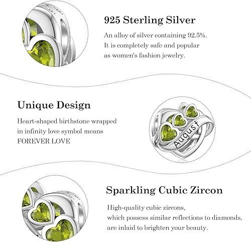 Miniatura 5 de JIAYIQI Dije de piedra natal para pulsera, plata de ley 925 con corazón de amor infinito grabado simboliza, dijes de feliz cumpleaños para pulsera