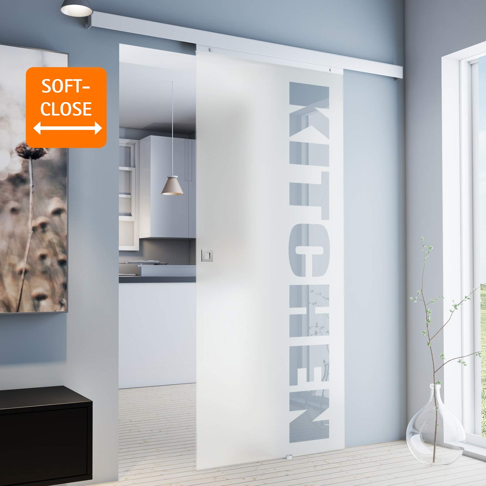 inova Glas-Schiebetür Komplettset 880x2035mm KITCHEN 8mm Zimmertür Schiebetürbeschlag mit Alu Laufschiene und Quadratgriff inkl. beidseitigem Softclose
