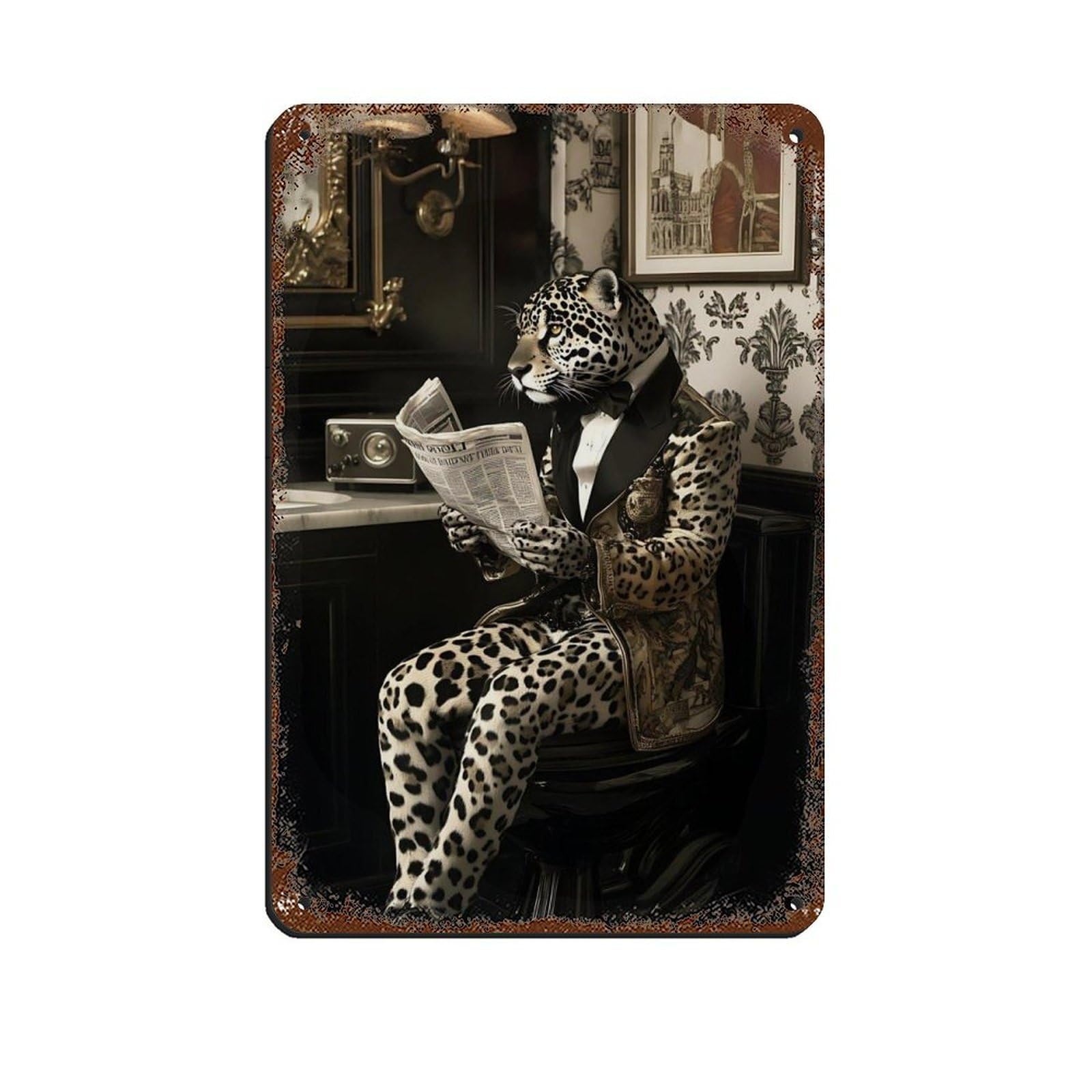 Lxwnze 20L X 30W Cm Sophisticated Leopard Reading Newspaper Retro Poster Metal Tin Sign Chic Art Retro Iron Painting Bar People Cave Cafe Family Garage Poster Wall Decoration 8X12inch(20X30cm)