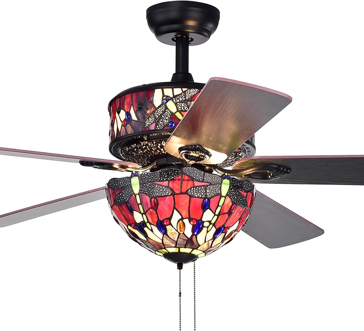 Jalev 6-Light Dragonfly Tiffany 5-Blade 52-Inch Matte Black Ceiling Fan