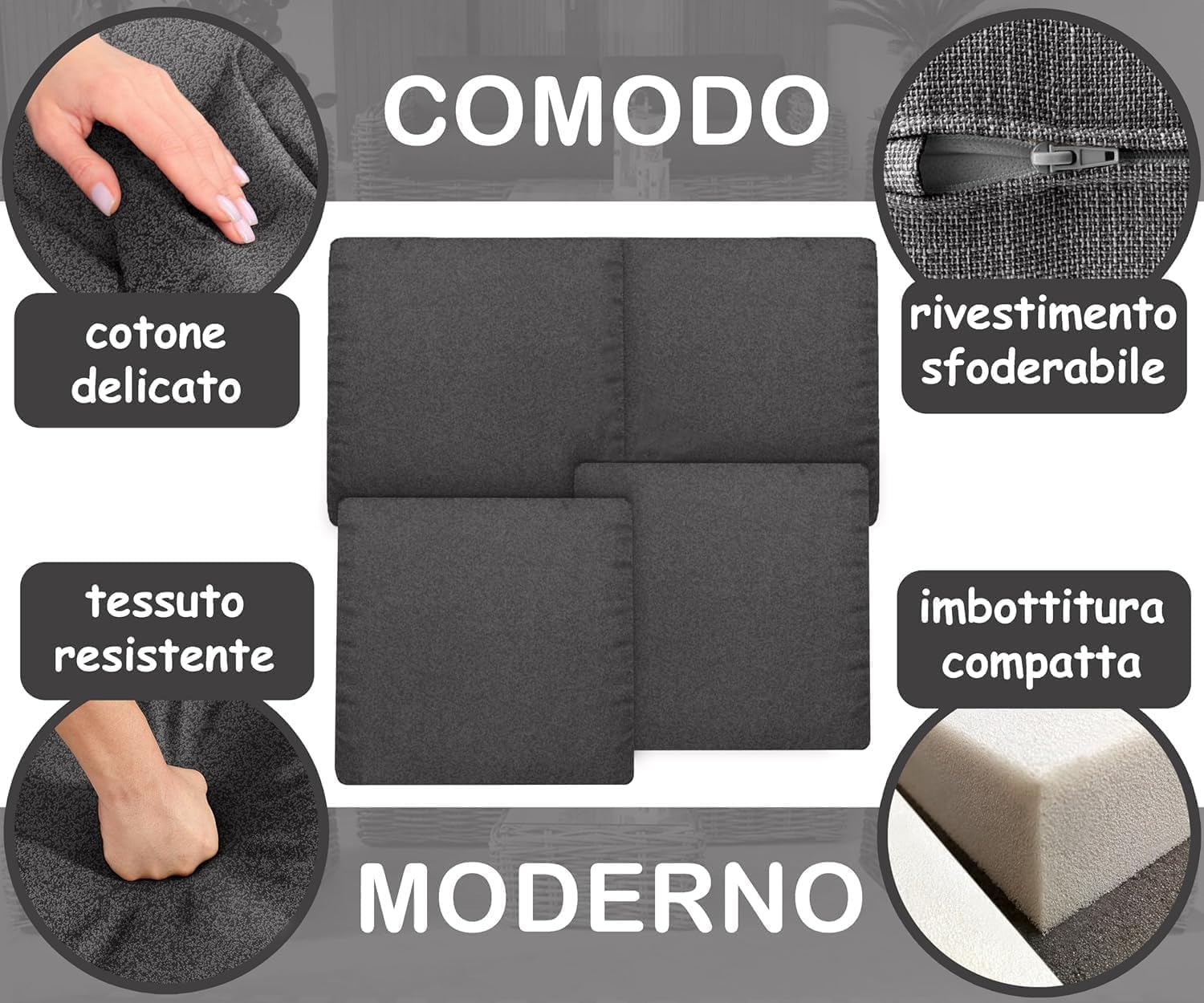 HAND 2 Cuscini da Esterno 53x50 cm, Alto 5 cm - per Sedie da Giardino - Seduta Imbottita, Morbida - Cuscini per Arredo Esterni, Salottini Rattan, 100% Cotone, Prodotto in Italia (Antracite)